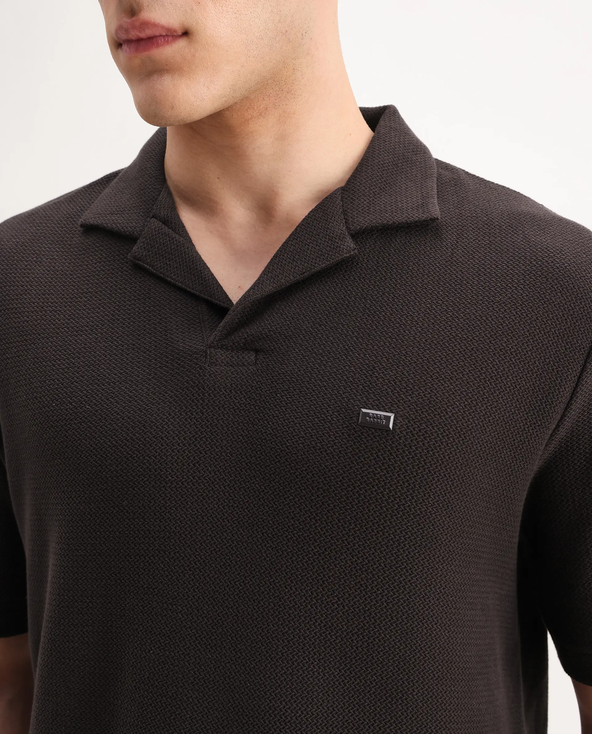 Rare Rabbit Men's Zorv Dark Brown Cotton Plain Regular Fit Half Sleeve Polo - Image 3