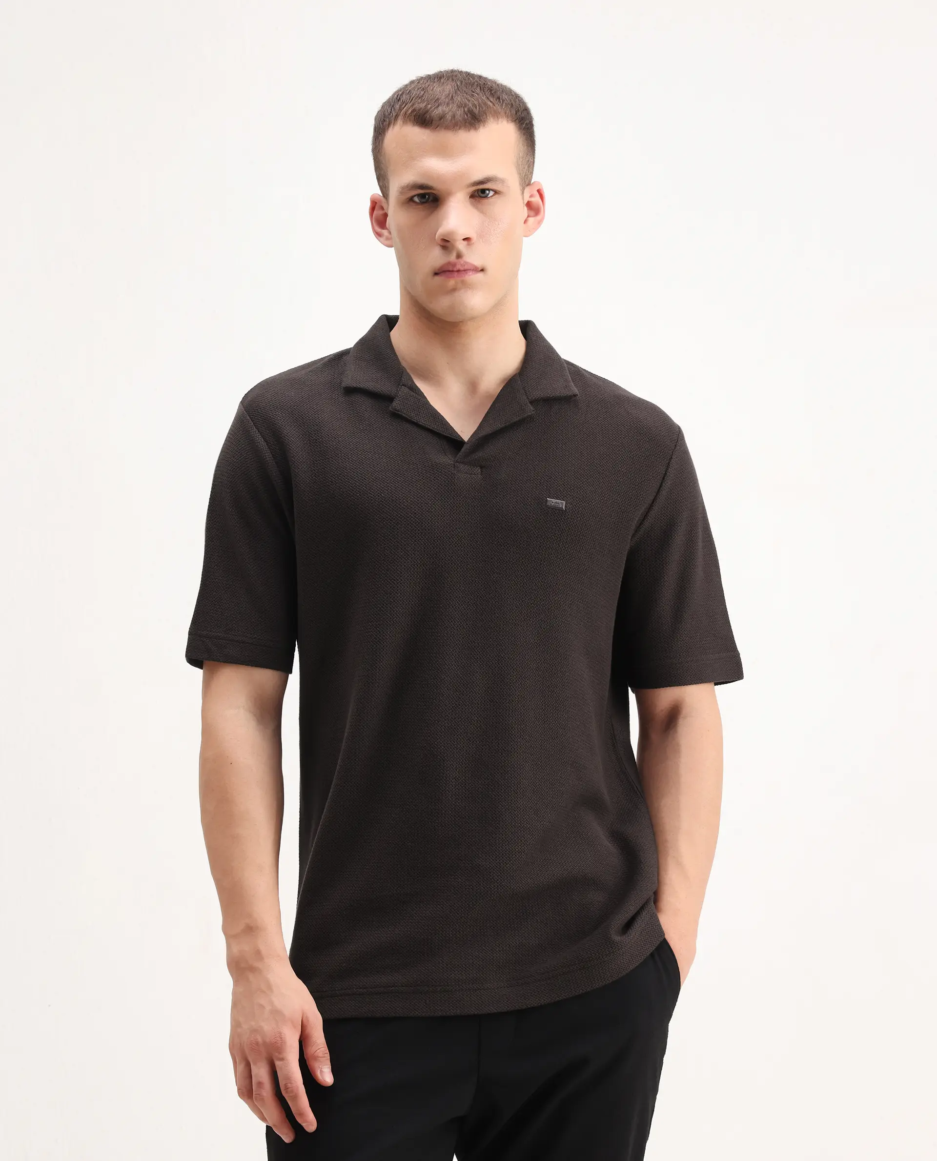 Rare Rabbit Men's Zorv Dark Brown Cotton Plain Regular Fit Half Sleeve Polo - Image 4
