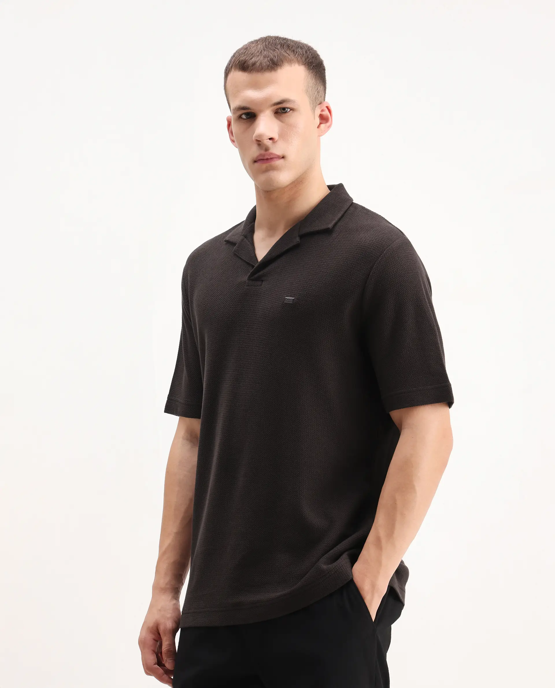 Rare Rabbit Men's Zorv Dark Brown Cotton Plain Regular Fit Half Sleeve Polo - Image 5
