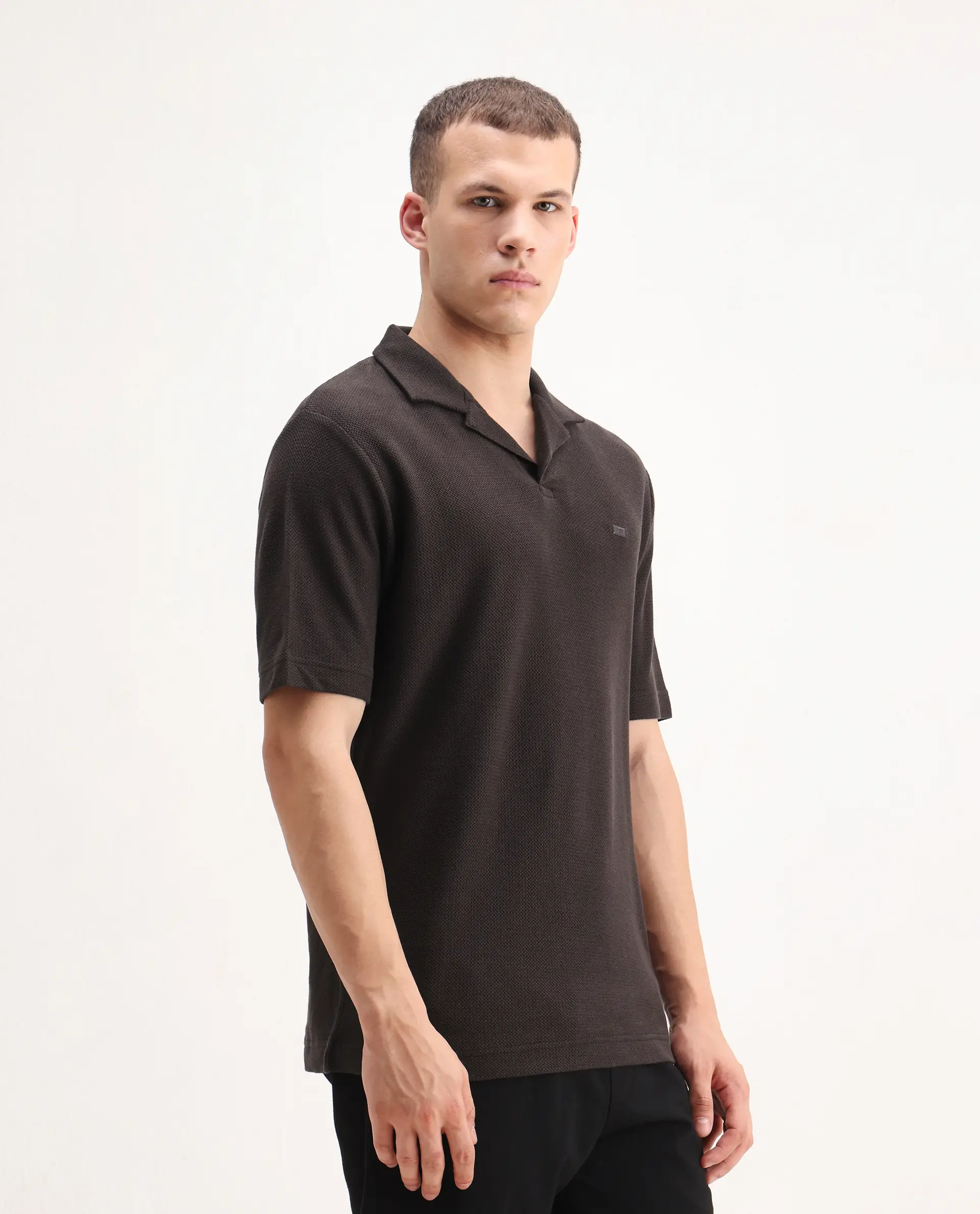 Rare Rabbit Men's Zorv Dark Brown Cotton Plain Regular Fit Half Sleeve Polo - Image 6