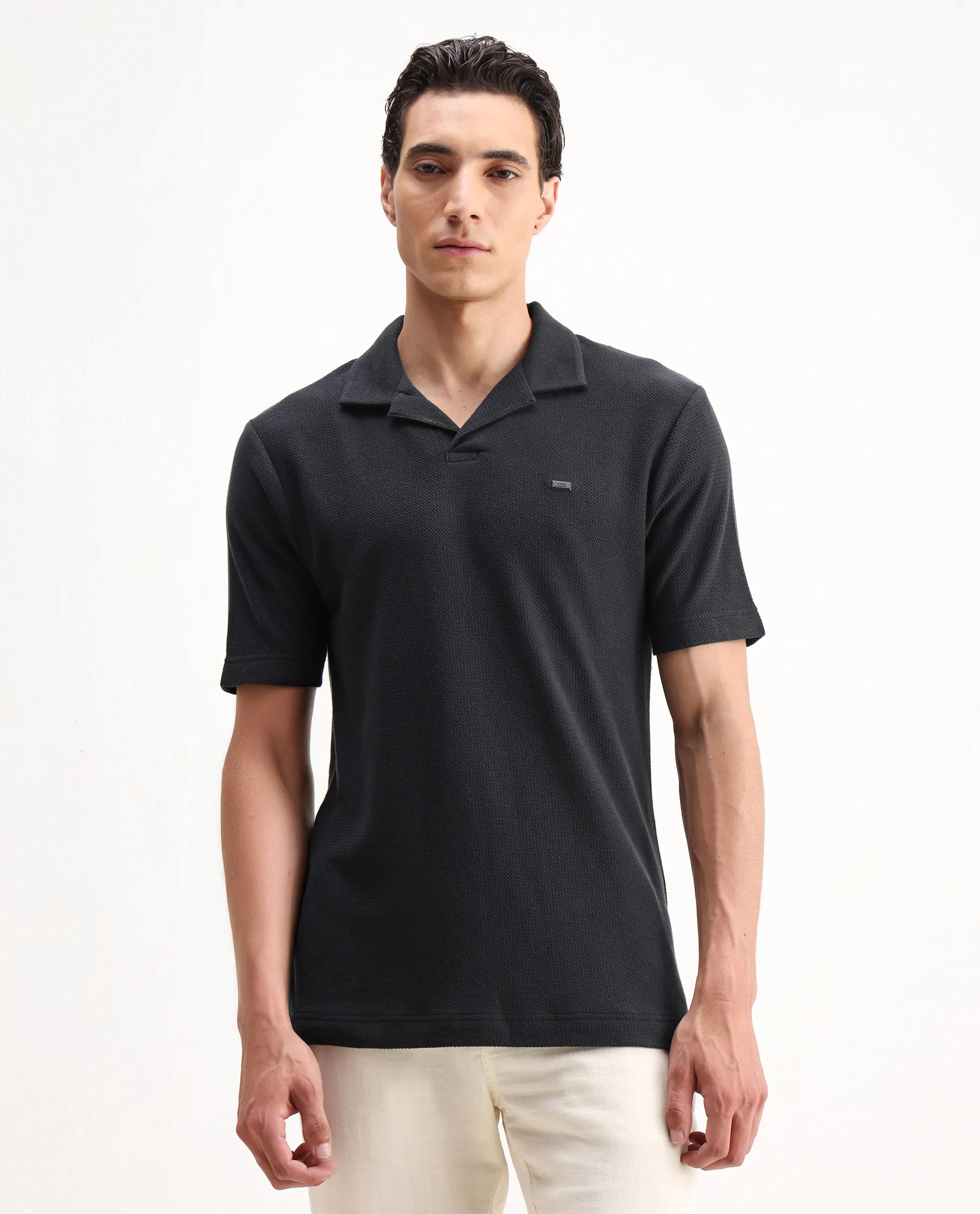 Rare Rabbit Men's Zorv Dark Grey Cotton Plain Regular Fit Half Sleeve Polo - Image 4