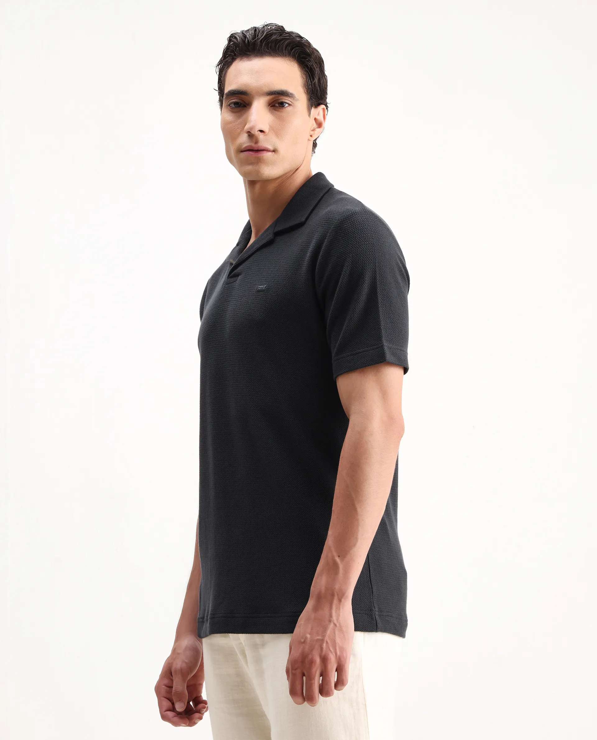 Rare Rabbit Men's Zorv Dark Grey Cotton Plain Regular Fit Half Sleeve Polo - Image 5