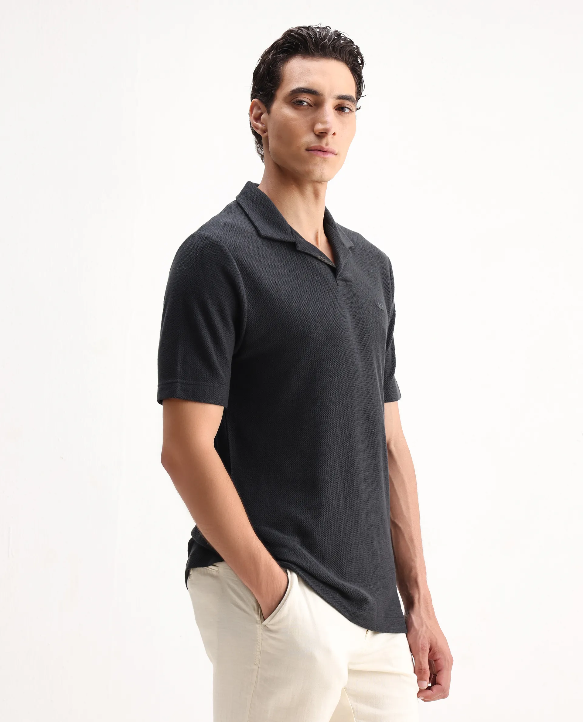 Rare Rabbit Men's Zorv Dark Grey Cotton Plain Regular Fit Half Sleeve Polo - Image 6
