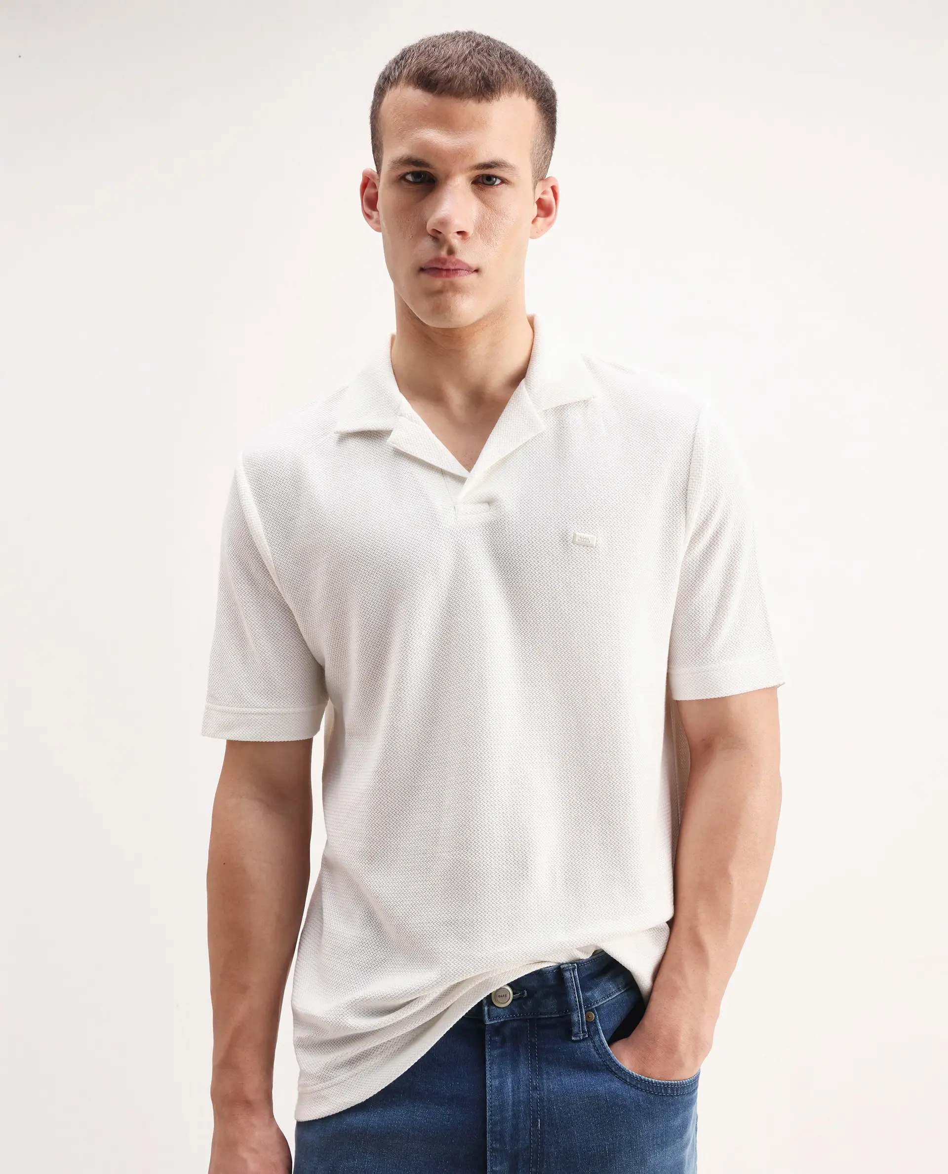 Rare Rabbit Men's Zorv Off White Cotton Plain Regular Fit Half Sleeve Polo