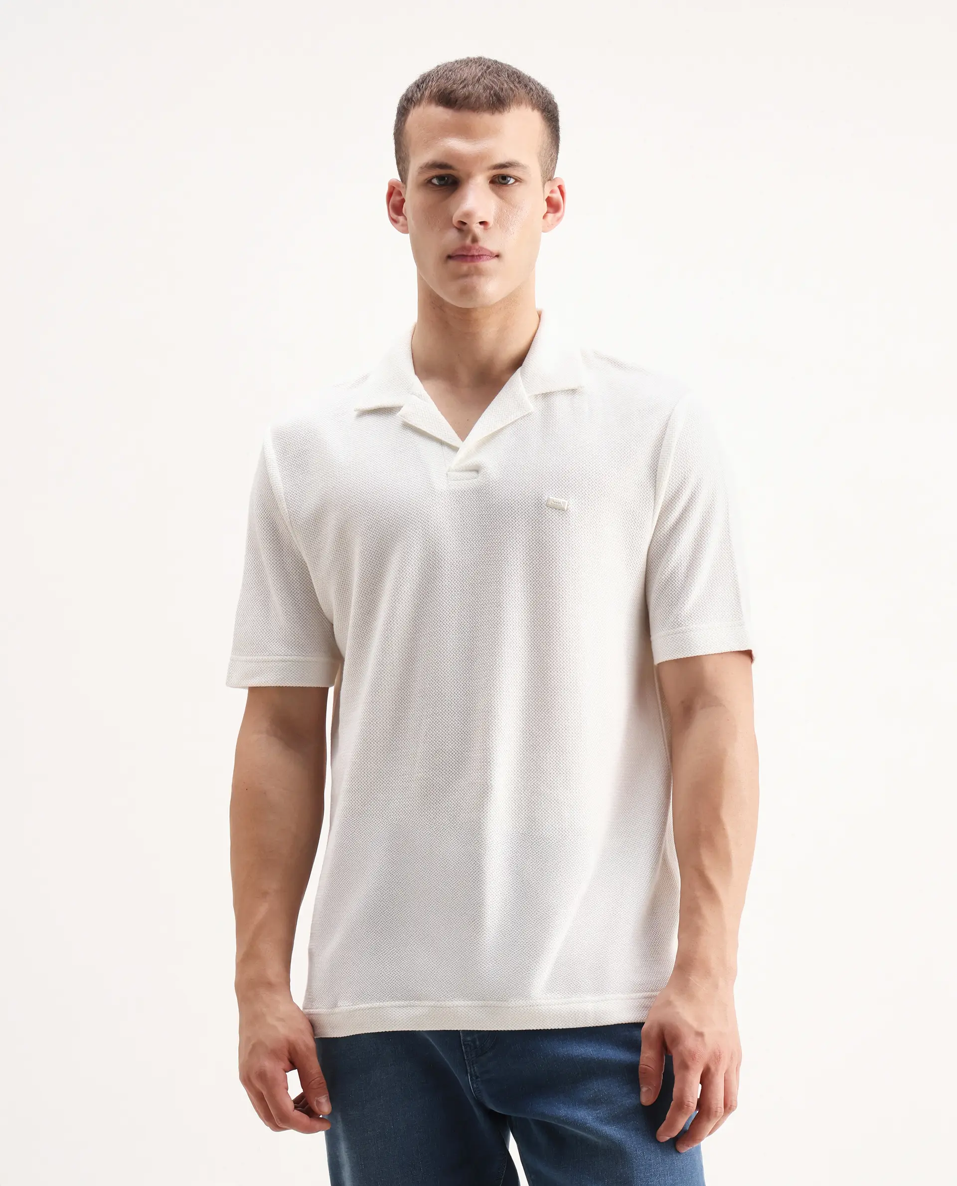 Rare Rabbit Men's Zorv Off White Cotton Plain Regular Fit Half Sleeve Polo - Image 4