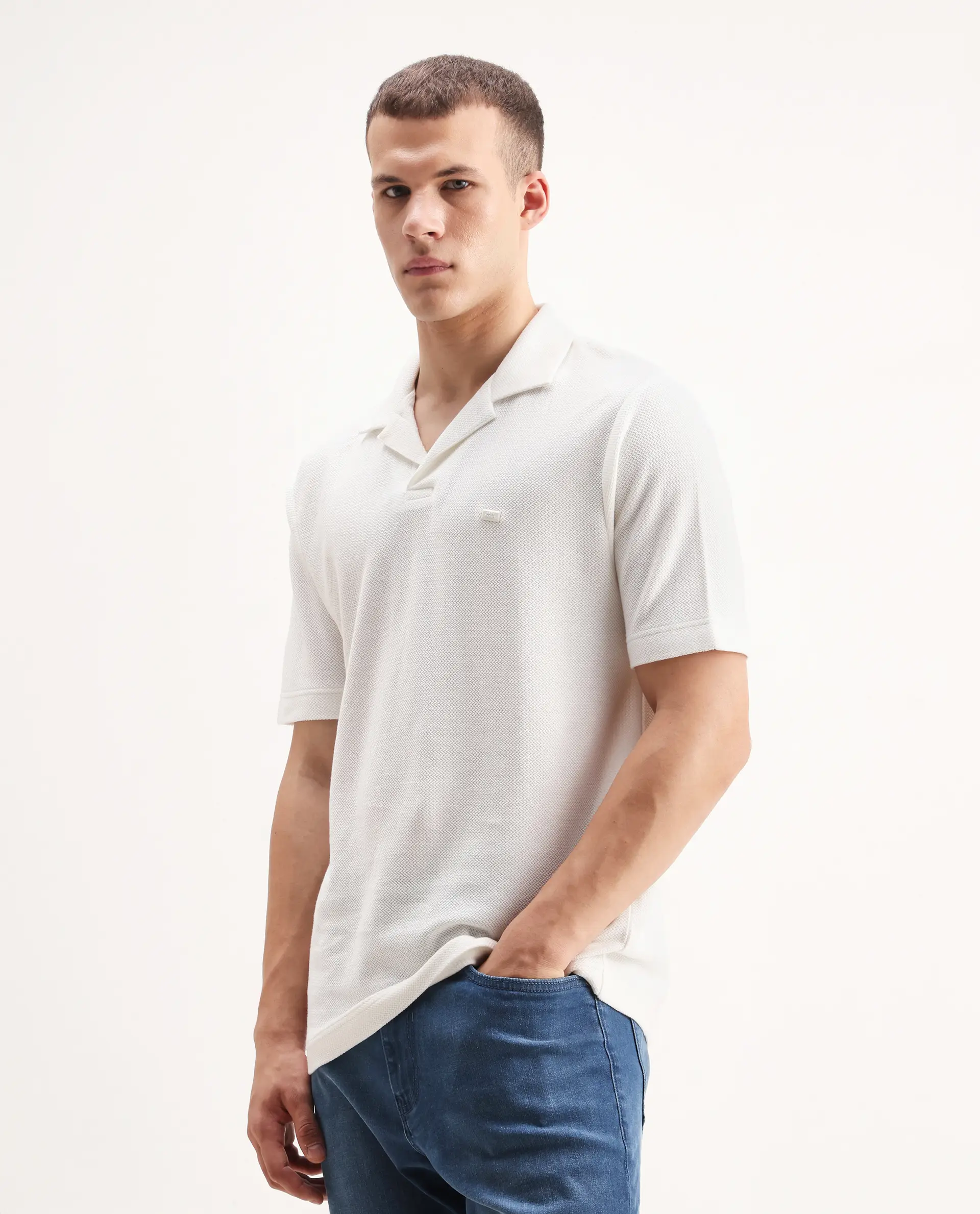 Rare Rabbit Men's Zorv Off White Cotton Plain Regular Fit Half Sleeve Polo - Image 5