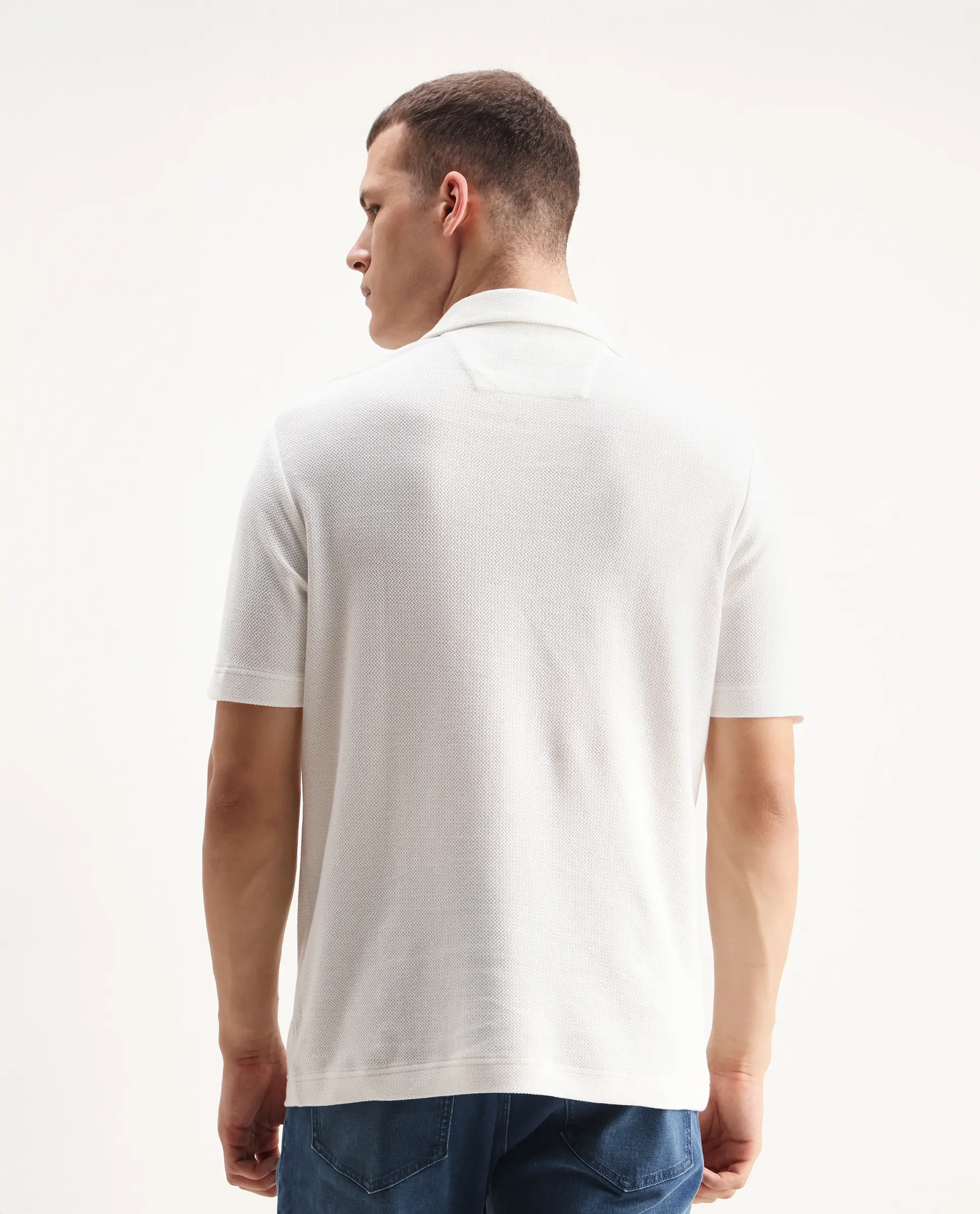 Rare Rabbit Men's Zorv Off White Cotton Plain Regular Fit Half Sleeve Polo - Image 7