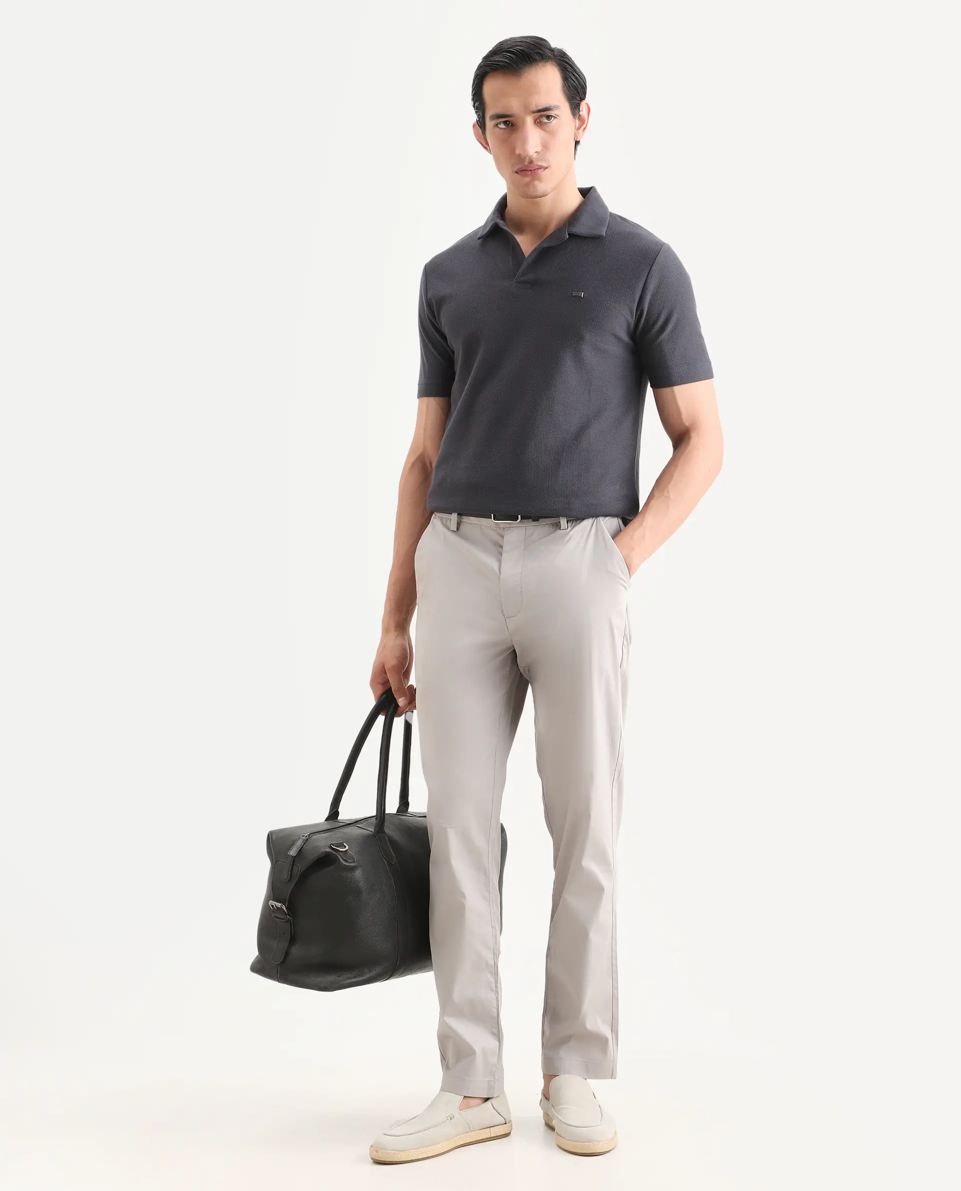 Rare Rabbit Men's Zorv-S26 Dark Grey Cotton Fabric Half Sleeve Cuban Collar Regular Fit Textured Polo - Image 2