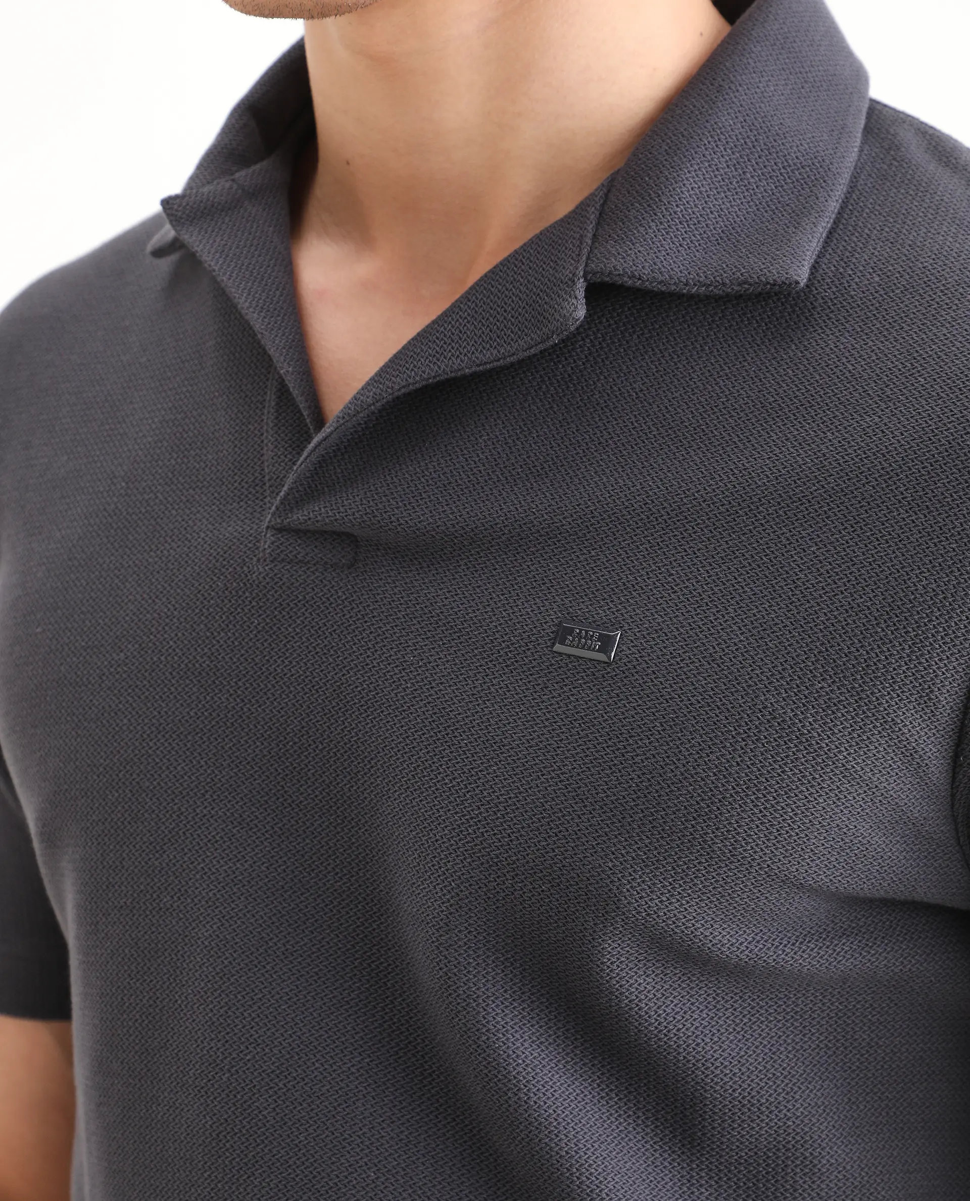 Rare Rabbit Men's Zorv-S26 Dark Grey Cotton Fabric Half Sleeve Cuban Collar Regular Fit Textured Polo - Image 3
