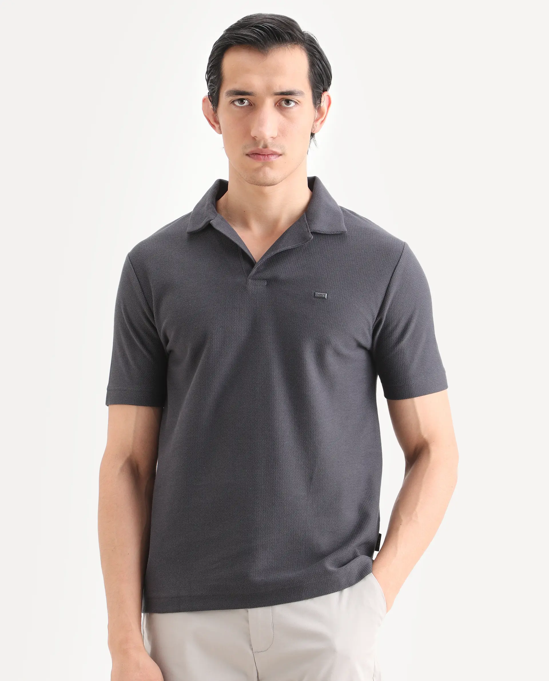Rare Rabbit Men's Zorv-S26 Dark Grey Cotton Fabric Half Sleeve Cuban Collar Regular Fit Textured Polo - Image 4
