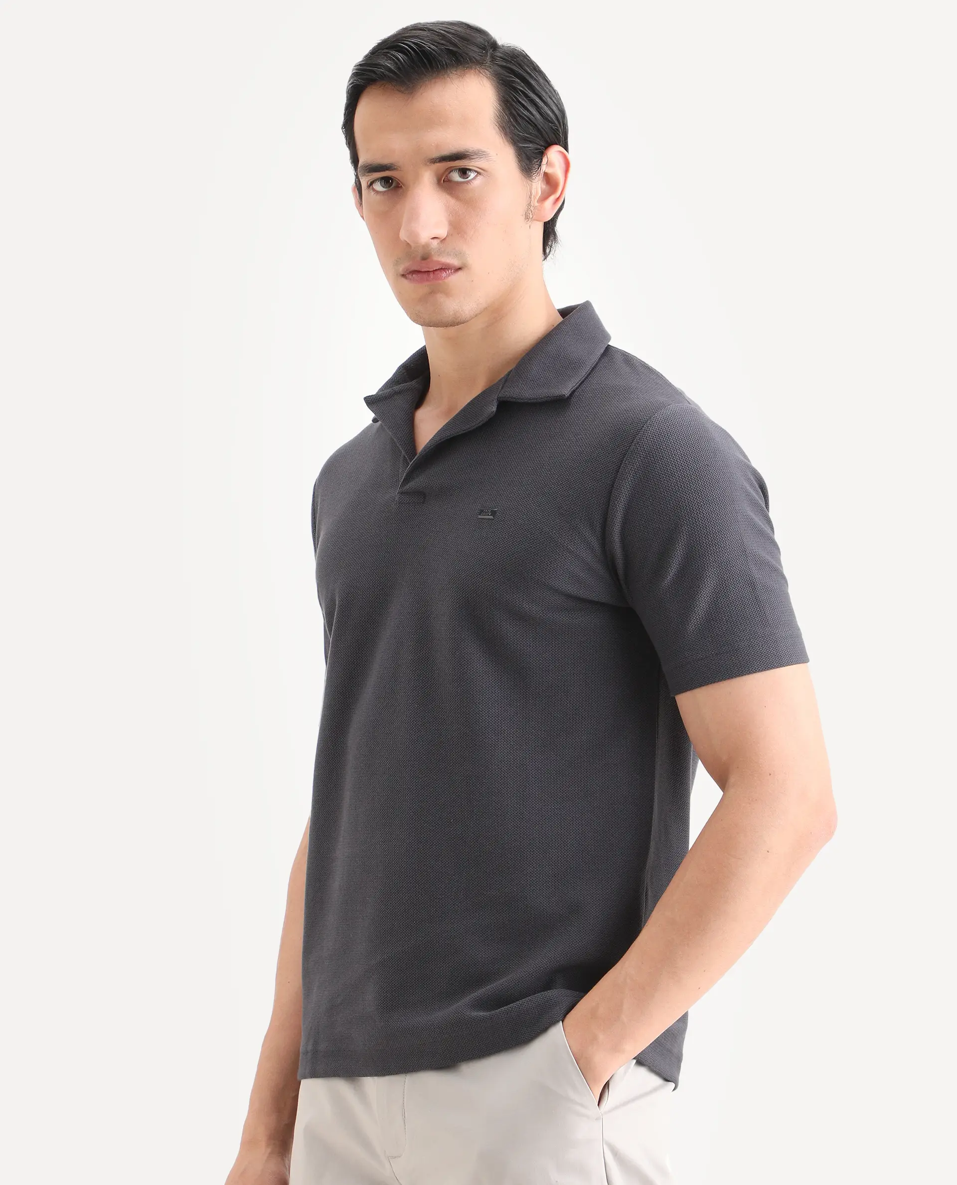 Rare Rabbit Men's Zorv-S26 Dark Grey Cotton Fabric Half Sleeve Cuban Collar Regular Fit Textured Polo - Image 5