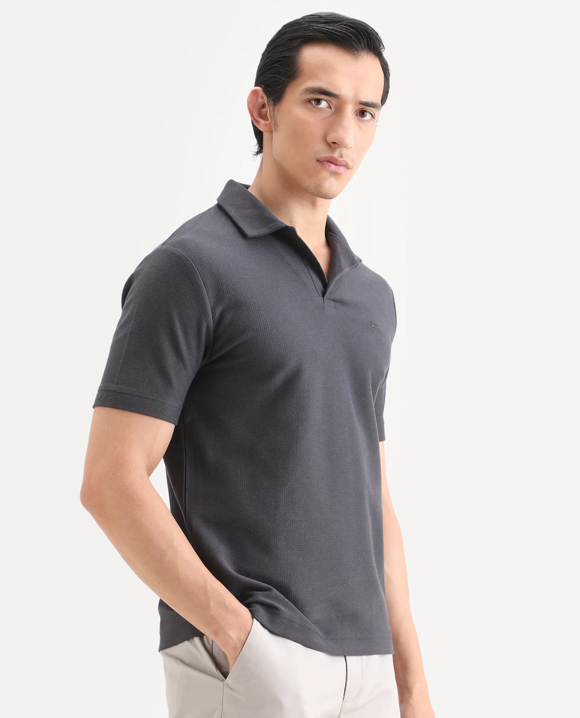 Rare Rabbit Men's Zorv-S26 Dark Grey Cotton Fabric Half Sleeve Cuban Collar Regular Fit Textured Polo - Image 6