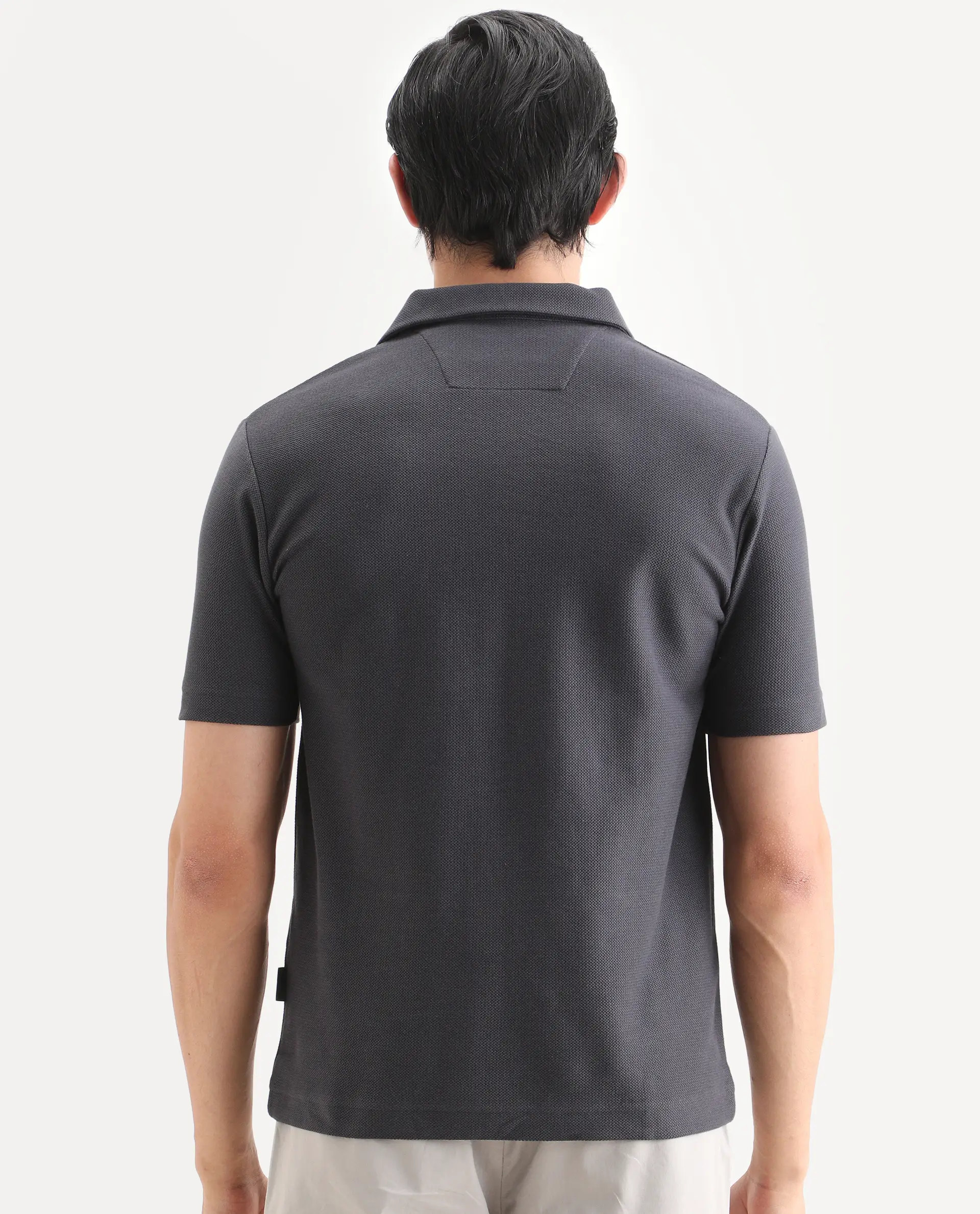 Rare Rabbit Men's Zorv-S26 Dark Grey Cotton Fabric Half Sleeve Cuban Collar Regular Fit Textured Polo - Image 7