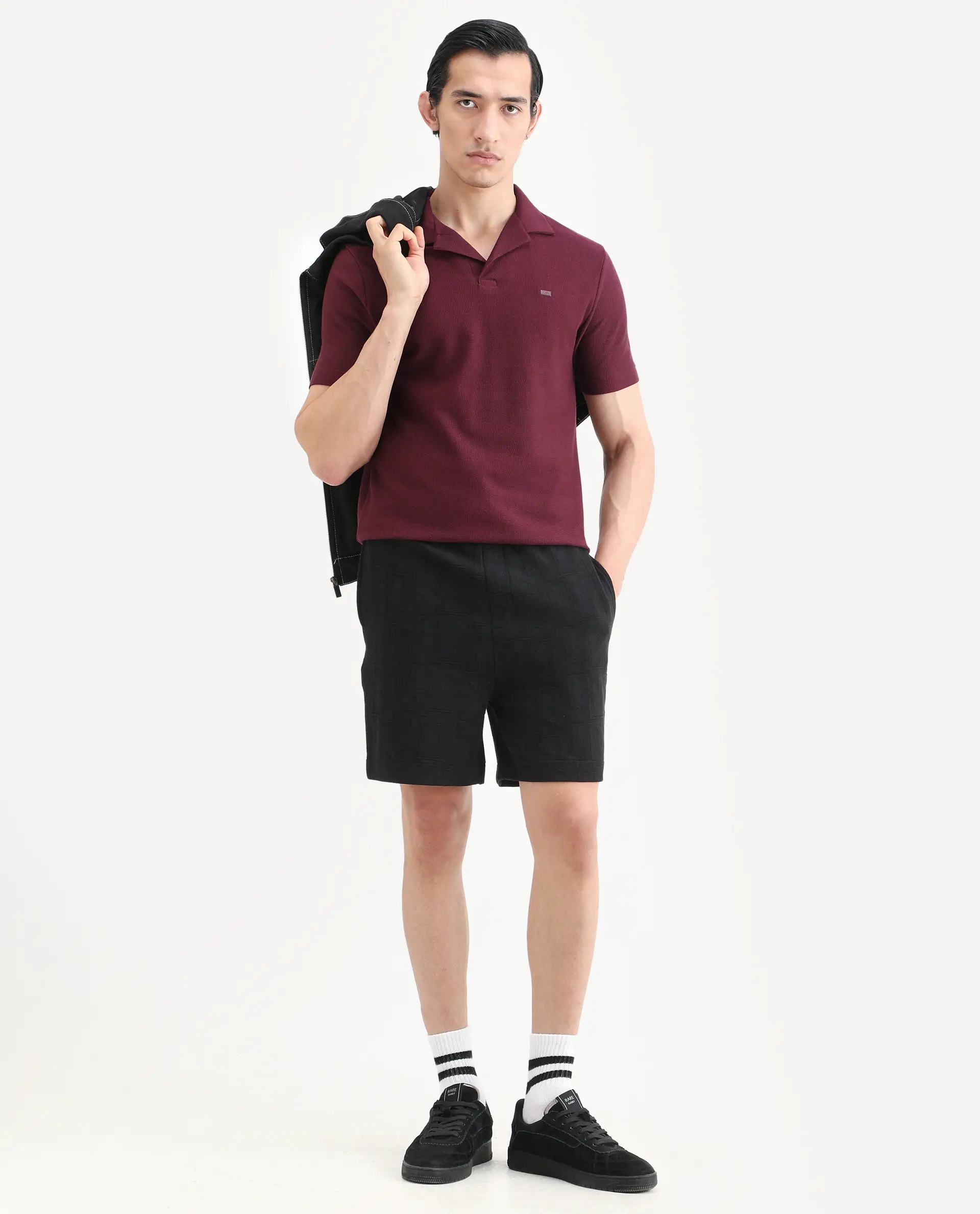 Rare Rabbit Men's Zorv-S26 Dark Red Cotton Fabric Half Sleeve Cuban Collar Regular Fit Textured Polo - Image 2