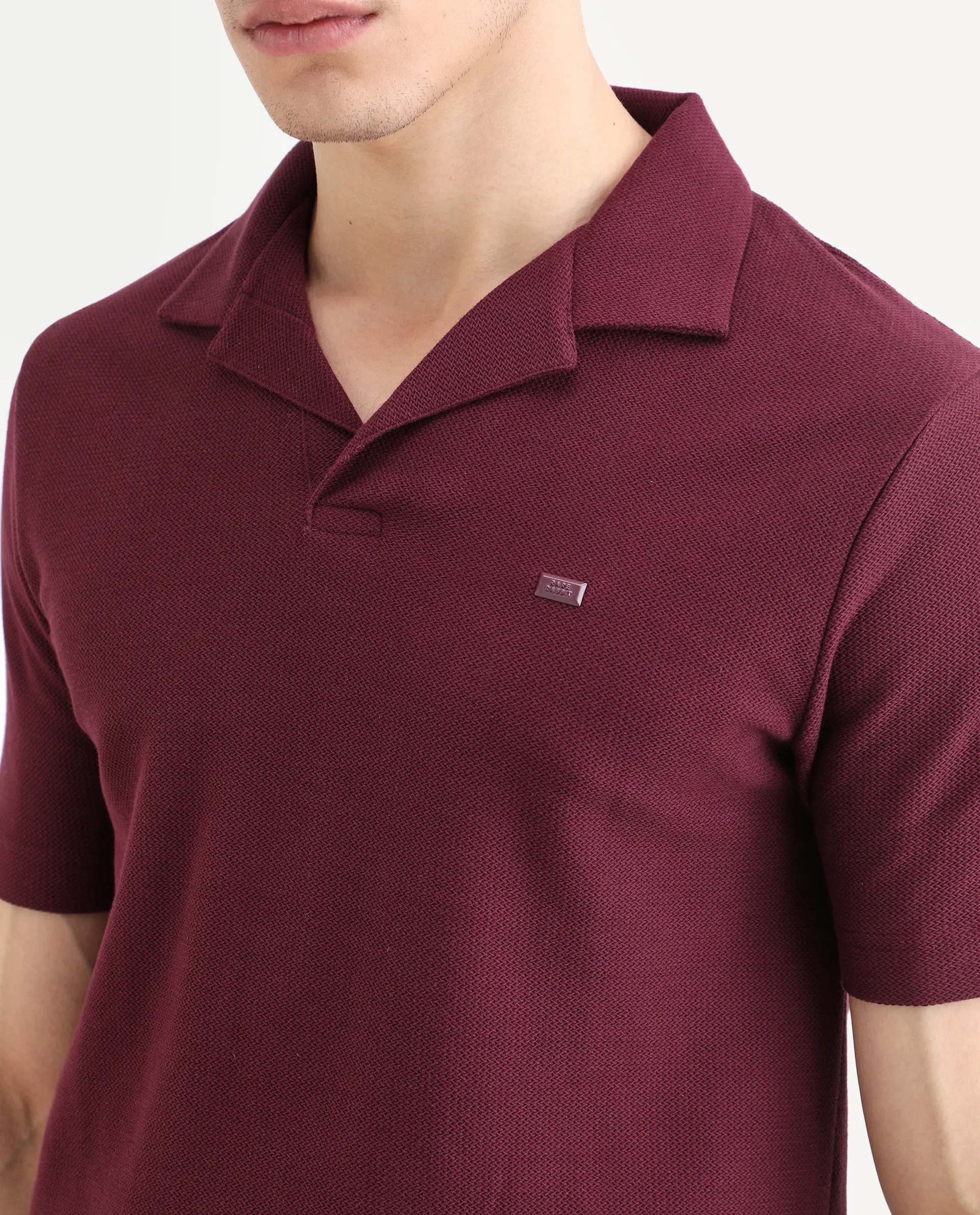 Rare Rabbit Men's Zorv-S26 Dark Red Cotton Fabric Half Sleeve Cuban Collar Regular Fit Textured Polo - Image 3