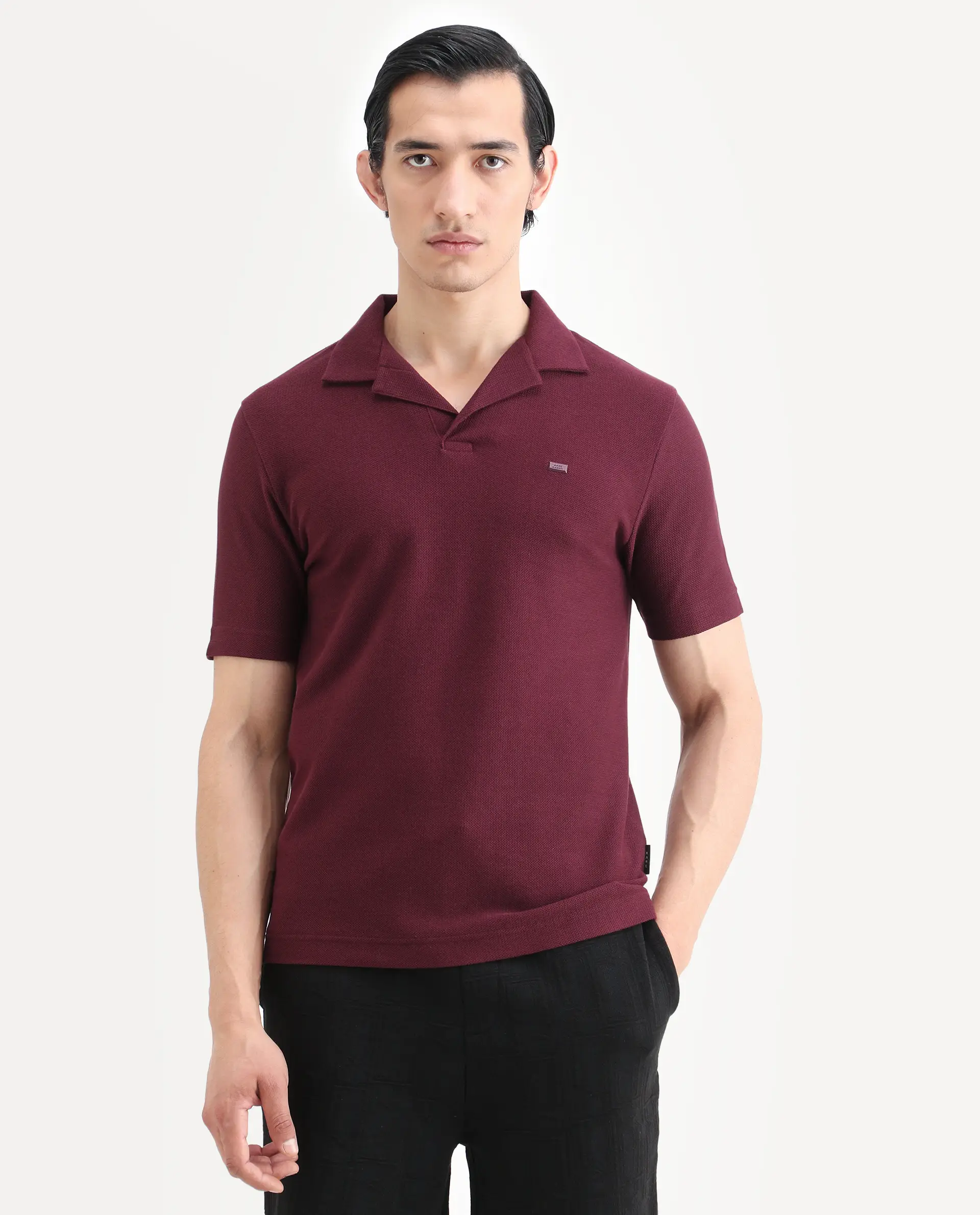 Rare Rabbit Men's Zorv-S26 Dark Red Cotton Fabric Half Sleeve Cuban Collar Regular Fit Textured Polo - Image 4