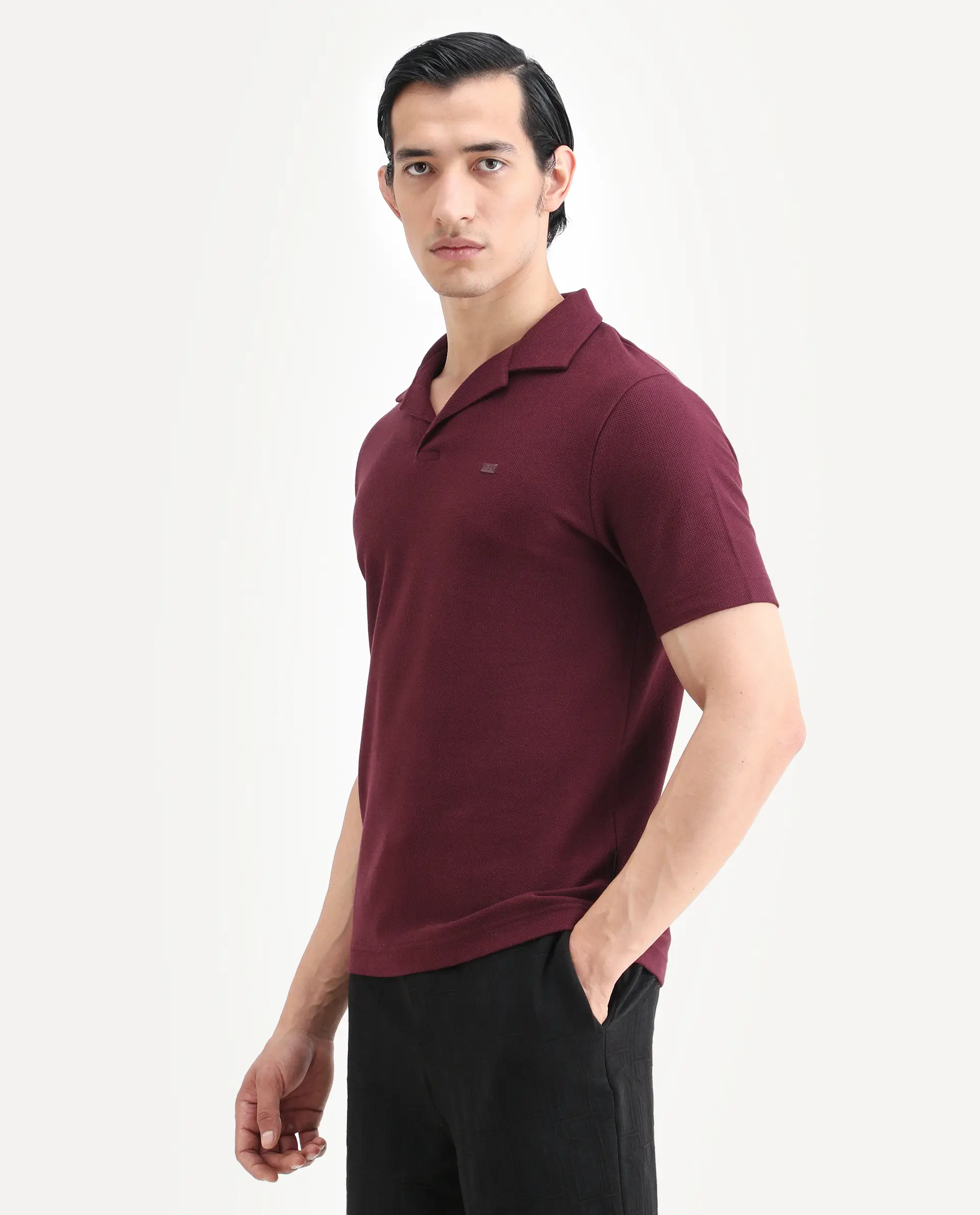 Rare Rabbit Men's Zorv-S26 Dark Red Cotton Fabric Half Sleeve Cuban Collar Regular Fit Textured Polo - Image 5