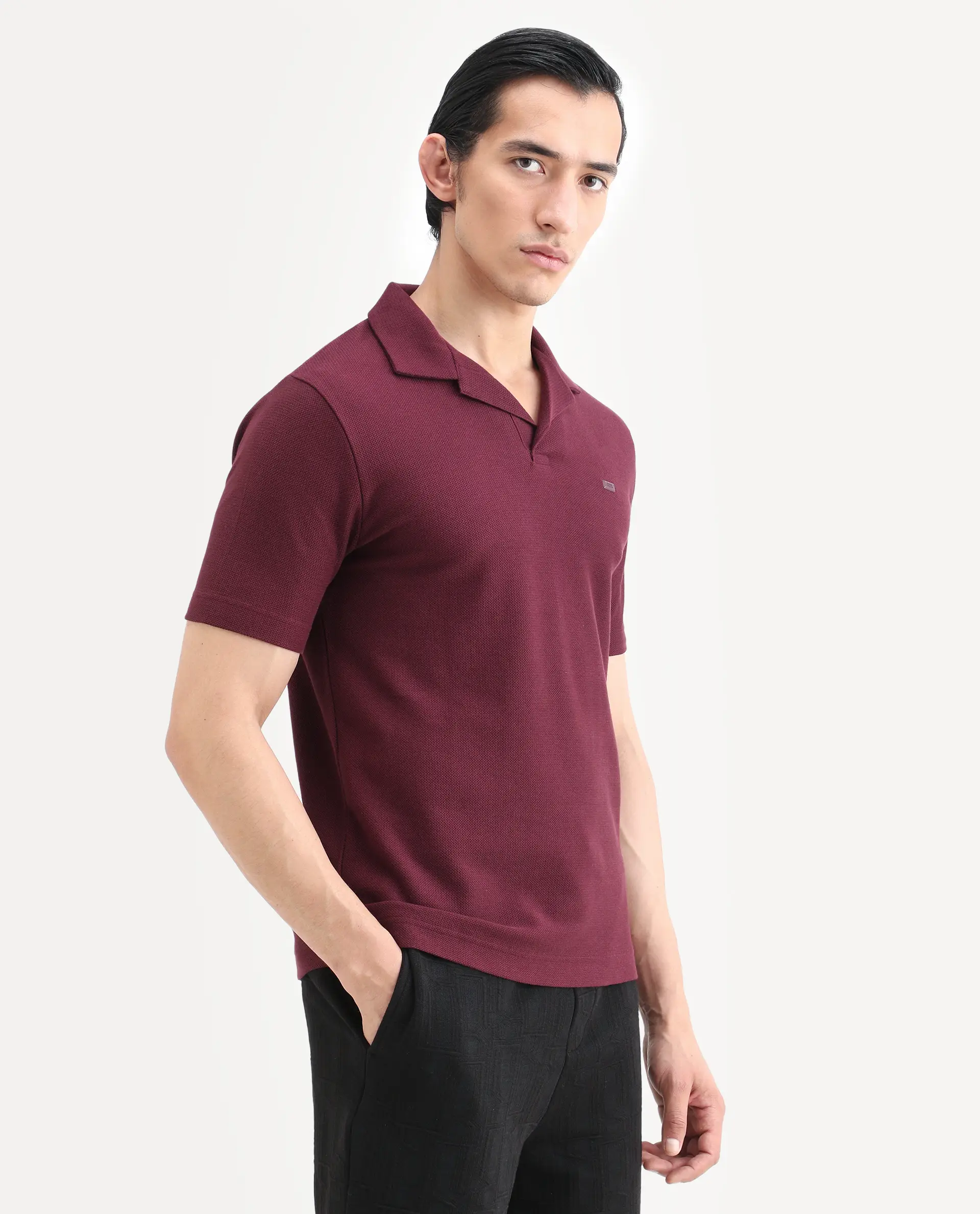 Rare Rabbit Men's Zorv-S26 Dark Red Cotton Fabric Half Sleeve Cuban Collar Regular Fit Textured Polo - Image 6