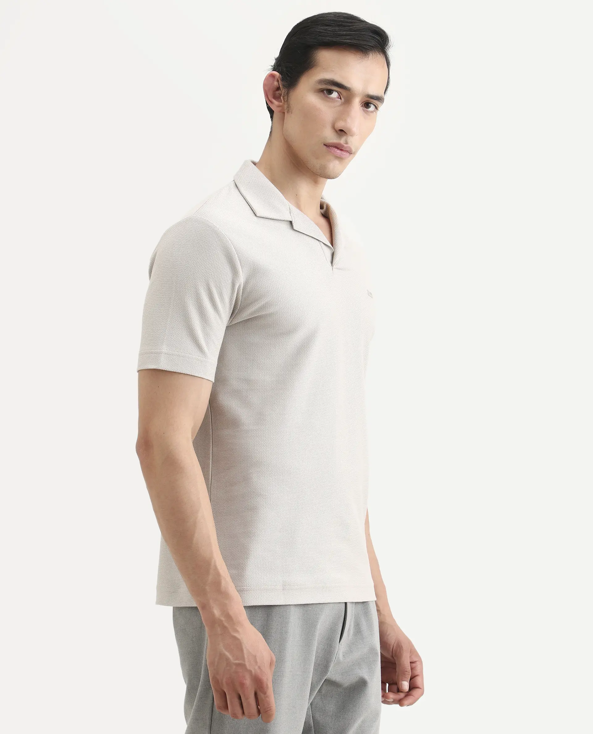 Rare Rabbit Men's Zorv-S26 Dusky Grey Cotton Fabric Half Sleeve Cuban Collar Regular Fit Textured Polo - Image 4