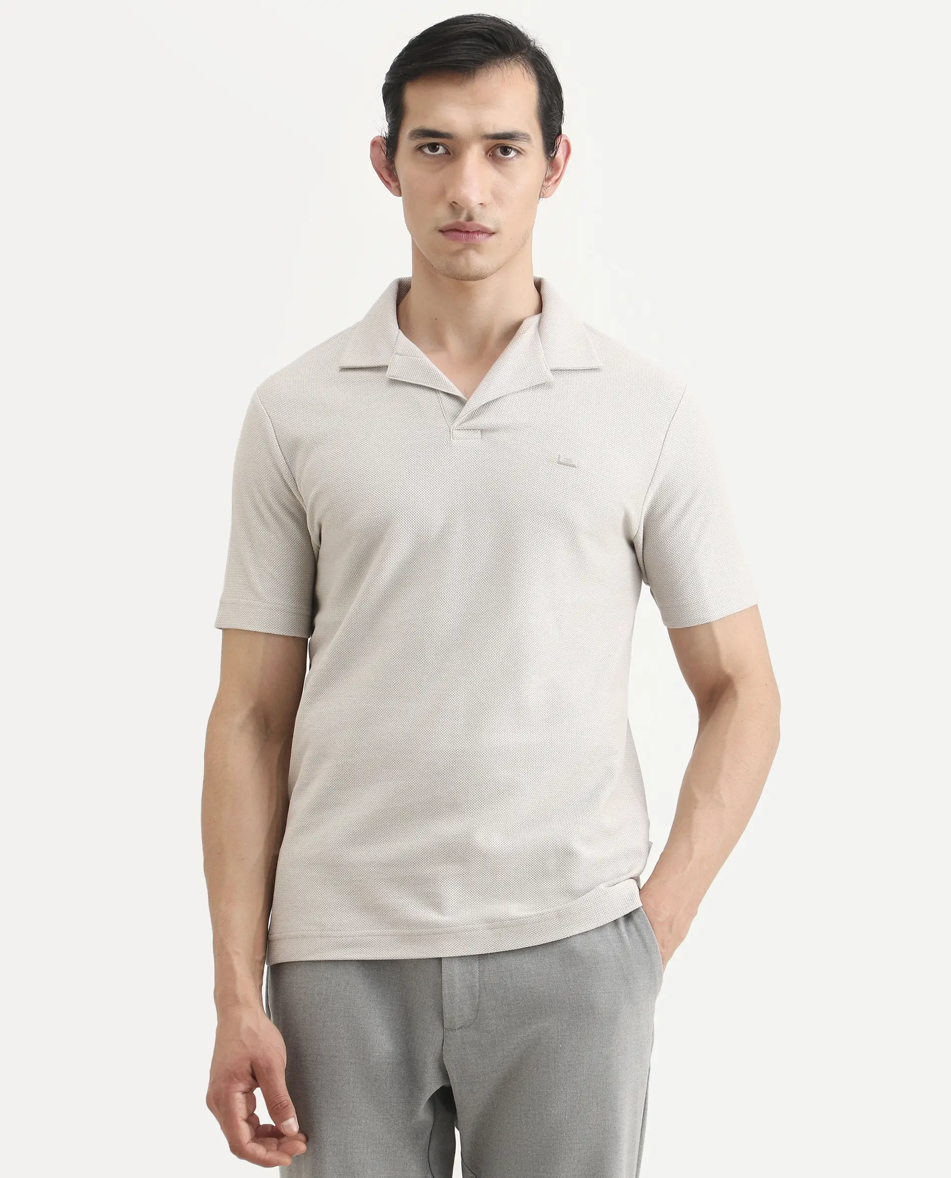 Rare Rabbit Men's Zorv-S26 Dusky Grey Cotton Fabric Half Sleeve Cuban Collar Regular Fit Textured Polo - Image 5