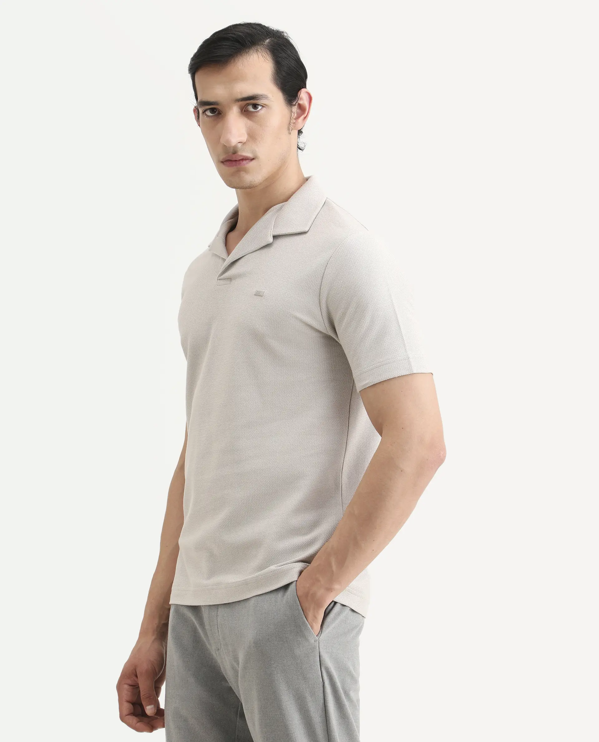 Rare Rabbit Men's Zorv-S26 Dusky Grey Cotton Fabric Half Sleeve Cuban Collar Regular Fit Textured Polo - Image 6