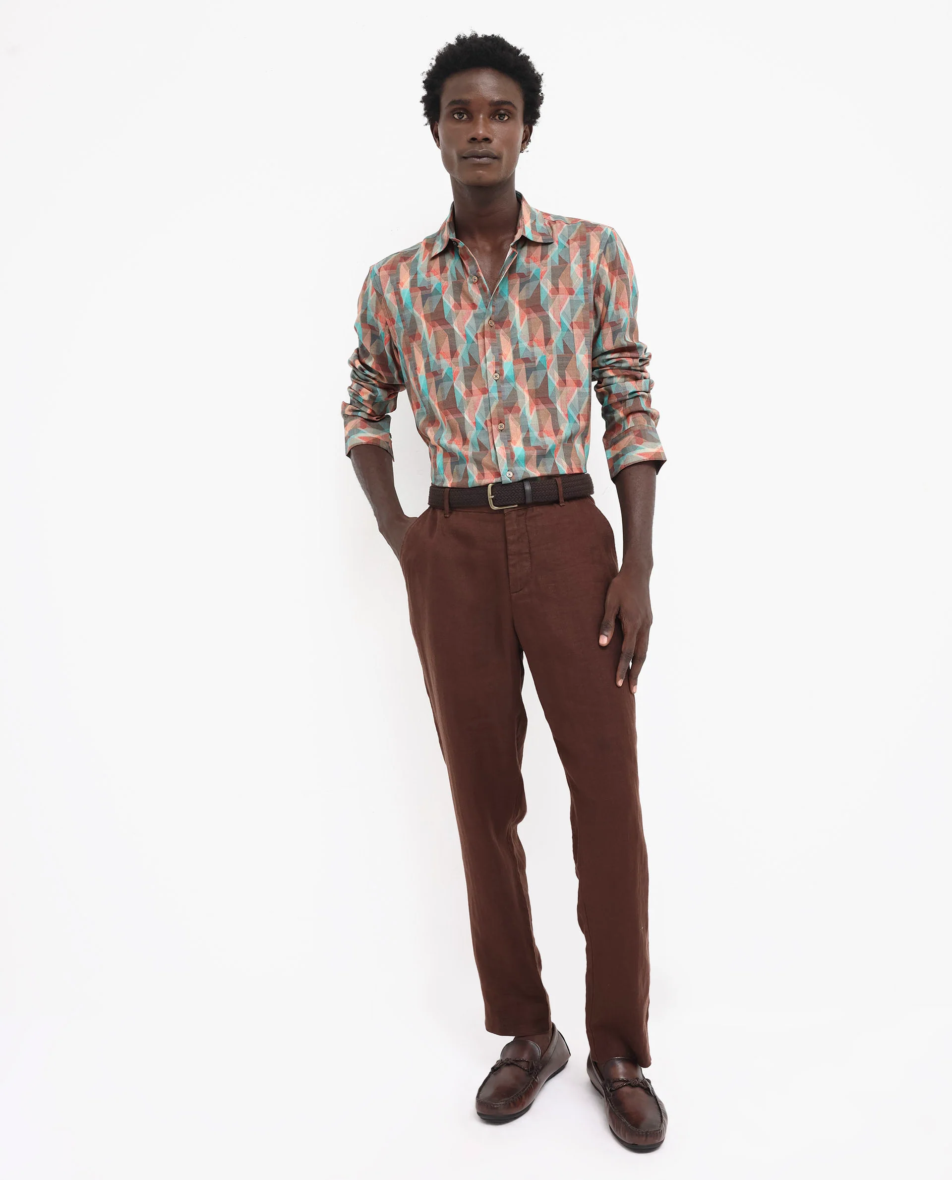 Rare Rabbit Men's Zosma Brown Viscose Geometric Print Regular Fit Full Sleeve Collared Shirt - Image 2