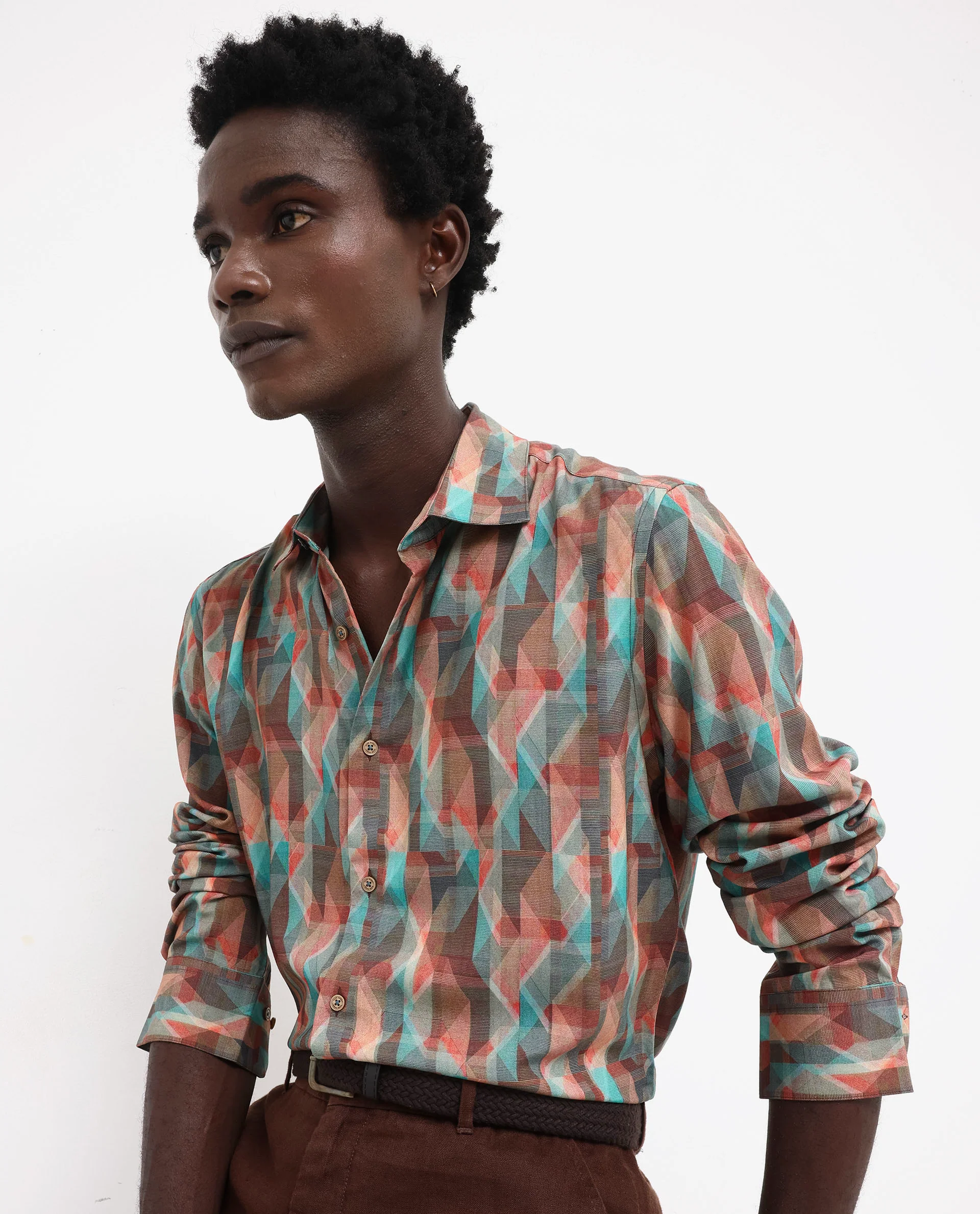 Rare Rabbit Men's Zosma Brown Viscose Geometric Print Regular Fit Full Sleeve Collared Shirt - Image 3