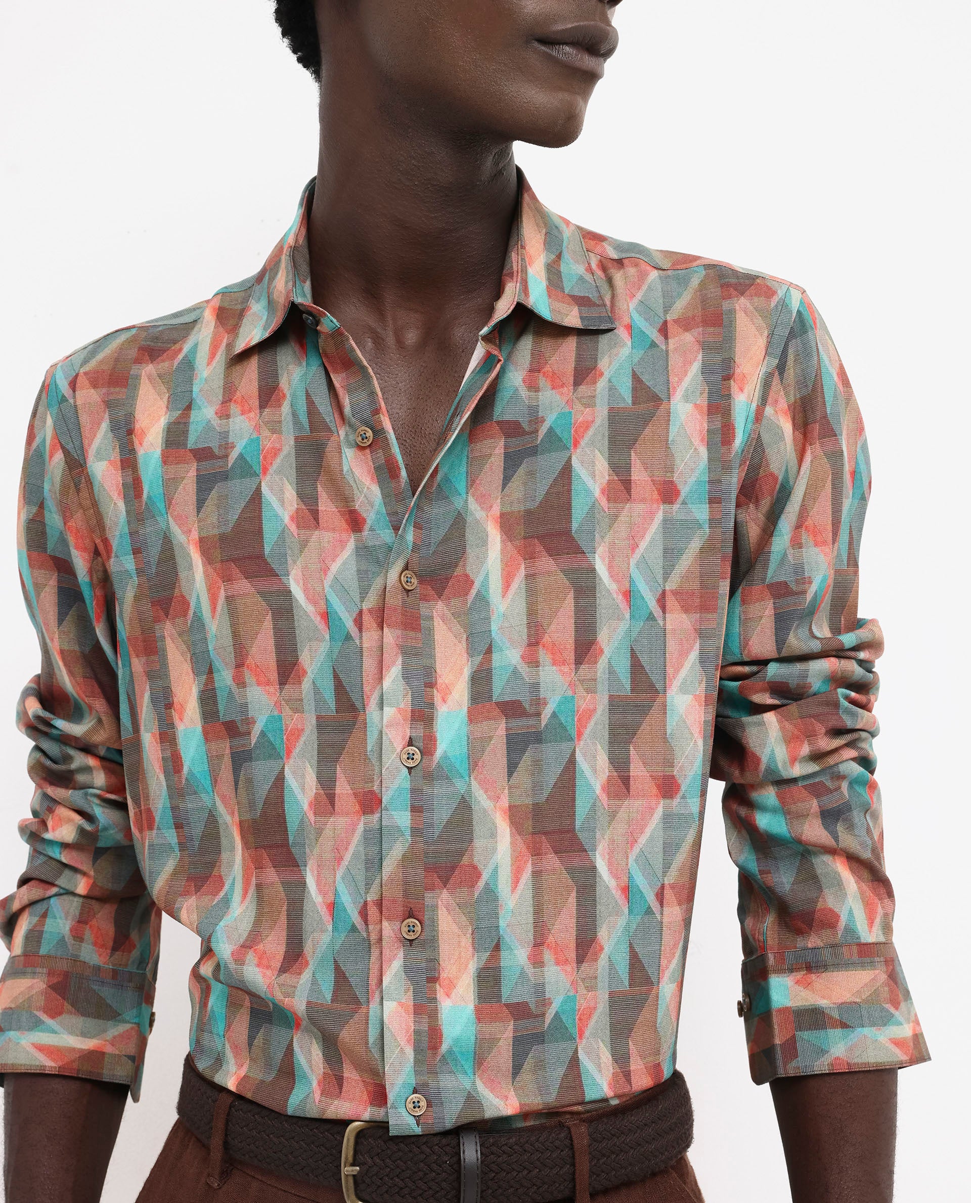 Rare Rabbit Men's Zosma Brown Viscose Geometric Print Regular Fit Full Sleeve Collared Shirt - Image 5