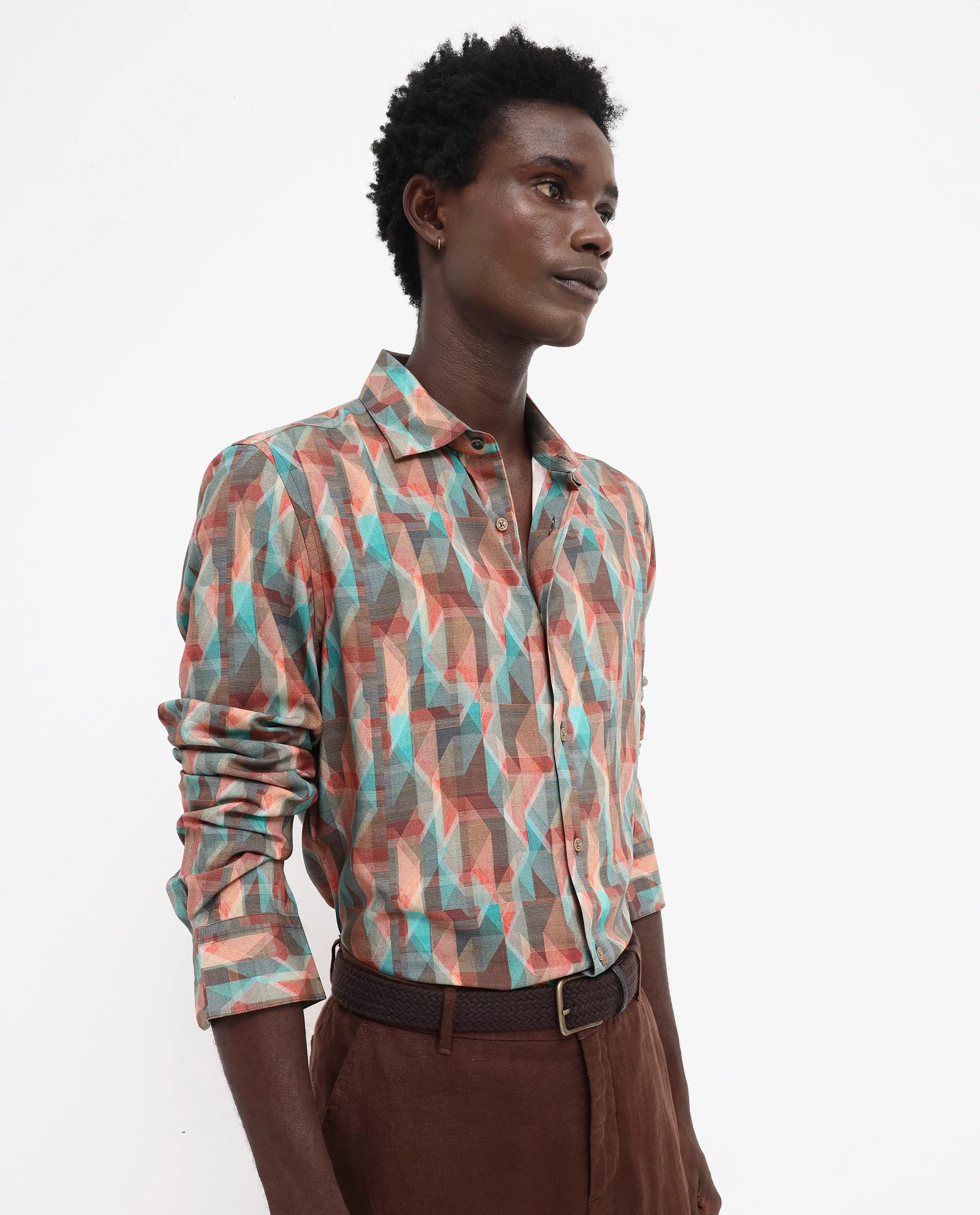 Rare Rabbit Men's Zosma Brown Viscose Geometric Print Regular Fit Full Sleeve Collared Shirt - Image 6