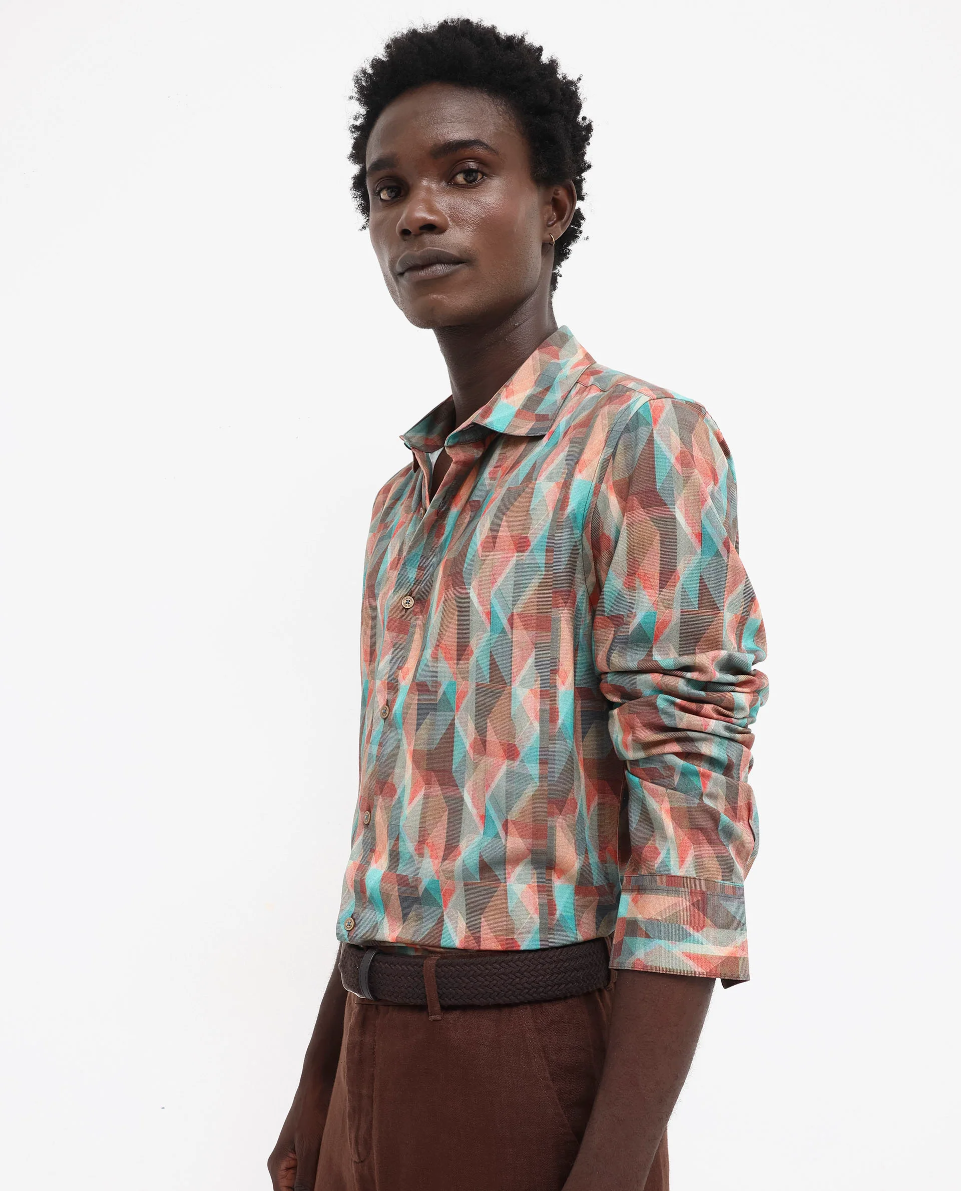 Rare Rabbit Men's Zosma Brown Viscose Geometric Print Regular Fit Full Sleeve Collared Shirt - Image 8