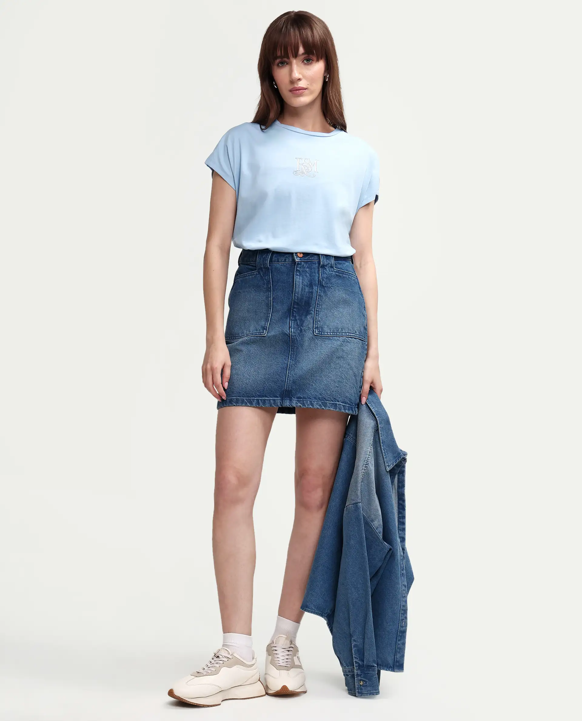 Rareism Women's Zour Light Blue Cotton Blend Half Sleeve Relaxed Fit Typography Print T-Shirt - Image 2