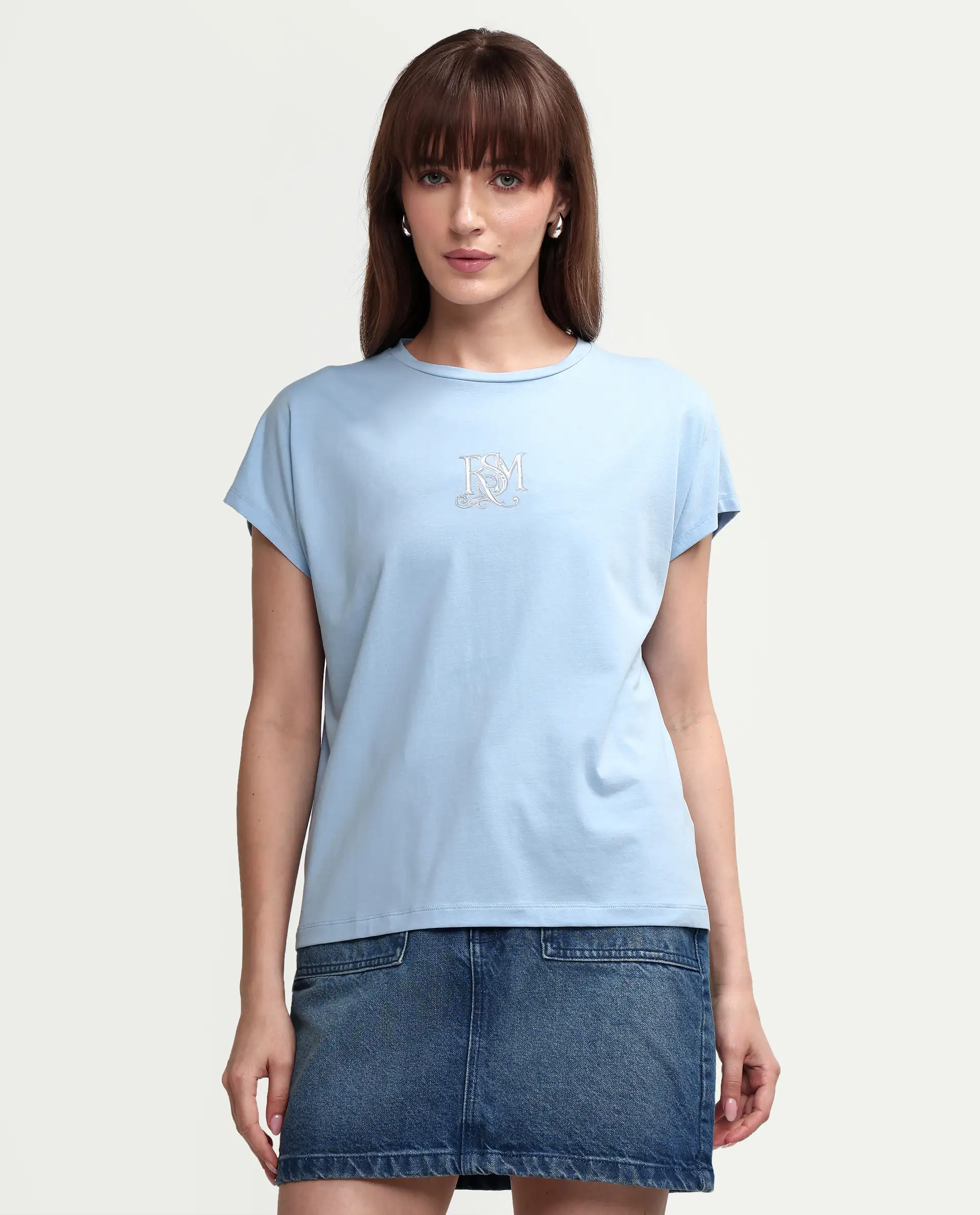 Rareism Women's Zour Light Blue Cotton Blend Half Sleeve Relaxed Fit Typography Print T-Shirt - Image 3