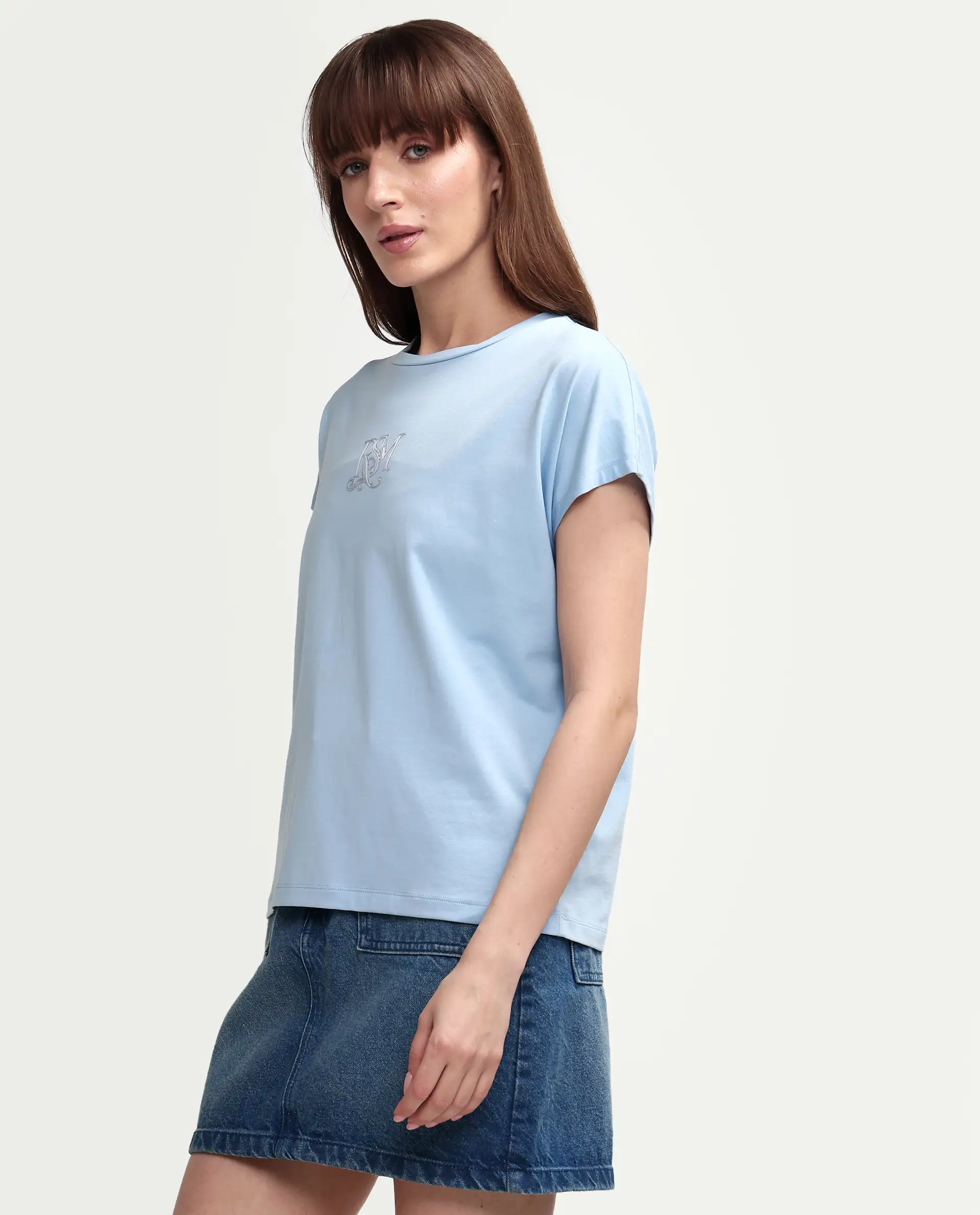 Rareism Women's Zour Light Blue Cotton Blend Half Sleeve Relaxed Fit Typography Print T-Shirt - Image 5