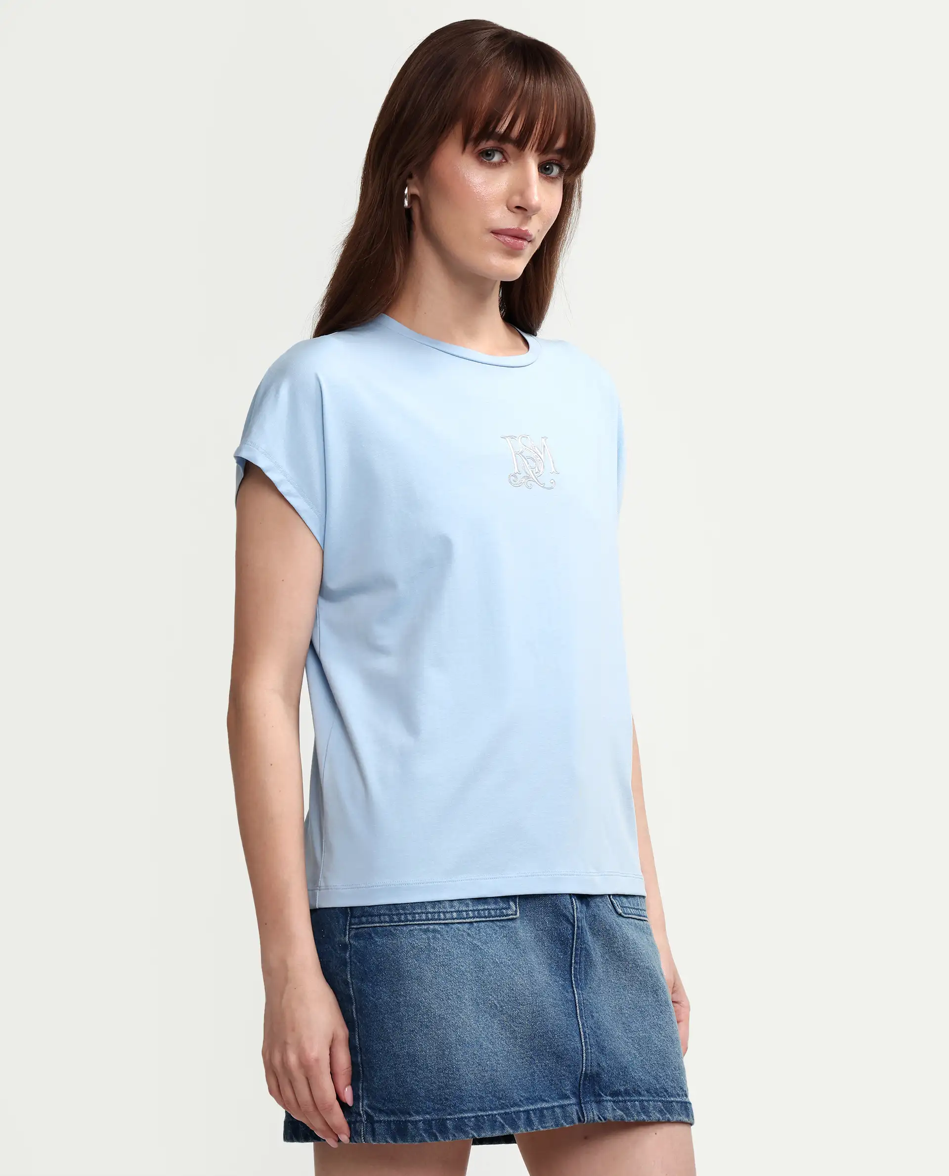 Rareism Women's Zour Light Blue Cotton Blend Half Sleeve Relaxed Fit Typography Print T-Shirt - Image 6