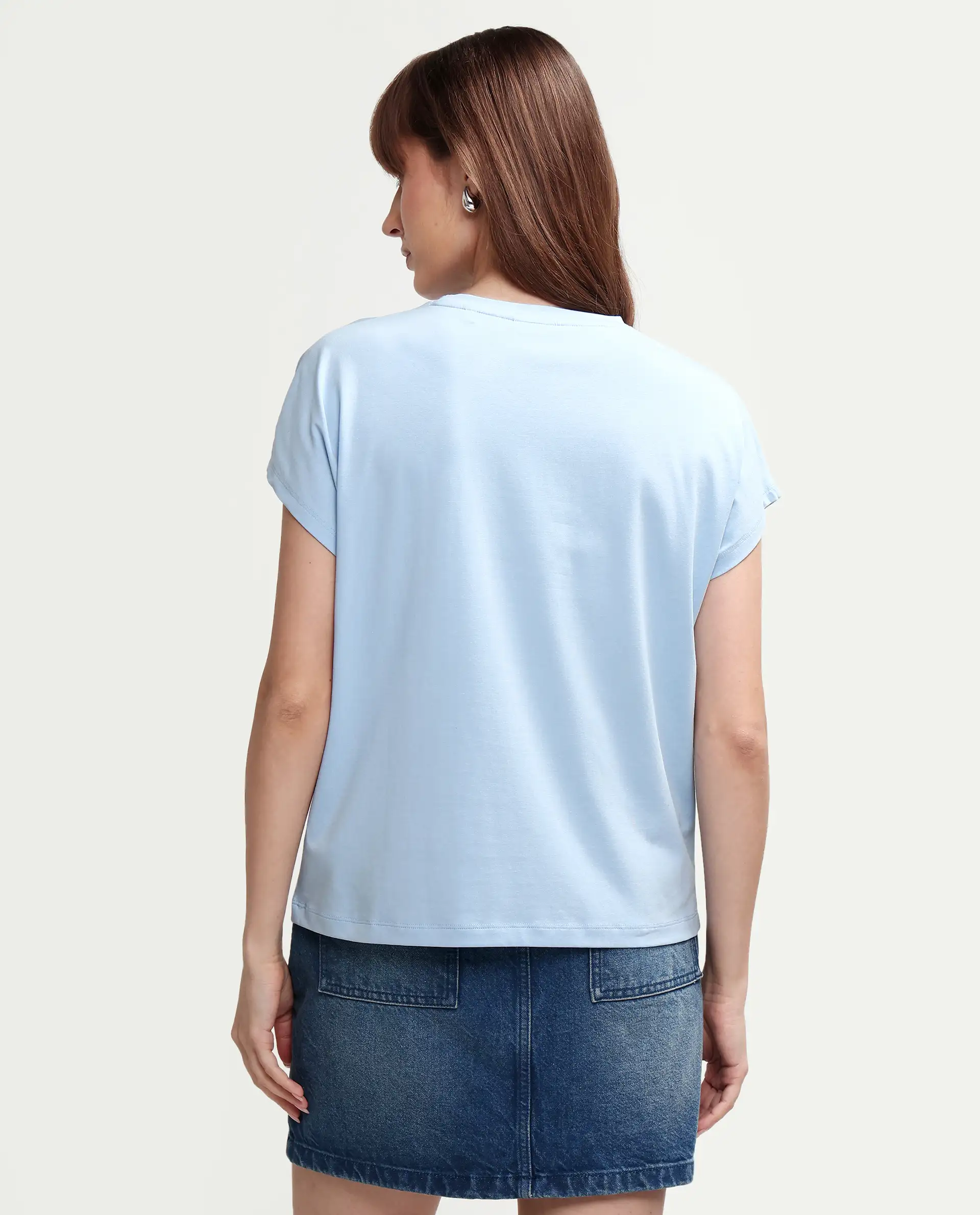 Rareism Women's Zour Light Blue Cotton Blend Half Sleeve Relaxed Fit Typography Print T-Shirt - Image 7