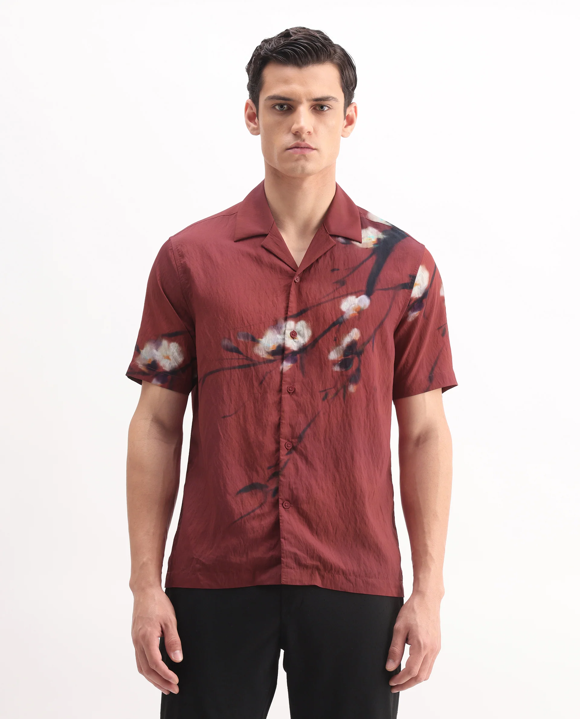 Rare Rabbit Men's Zovek Red Viscose Blend Floral Print Relaxed Fit Half Sleeve Cuban Collar Shirt
