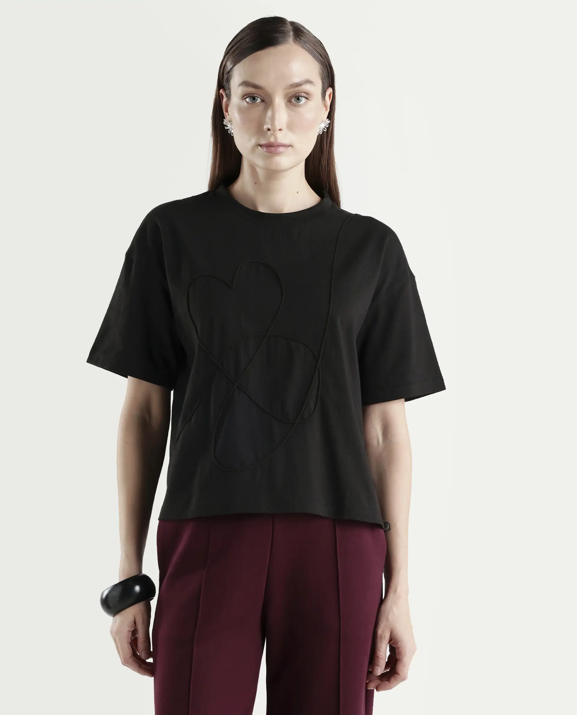 Rareism Women's Zovi Black Cotton Half Sleeve Boxy Object Print T-Shirt - Image 3