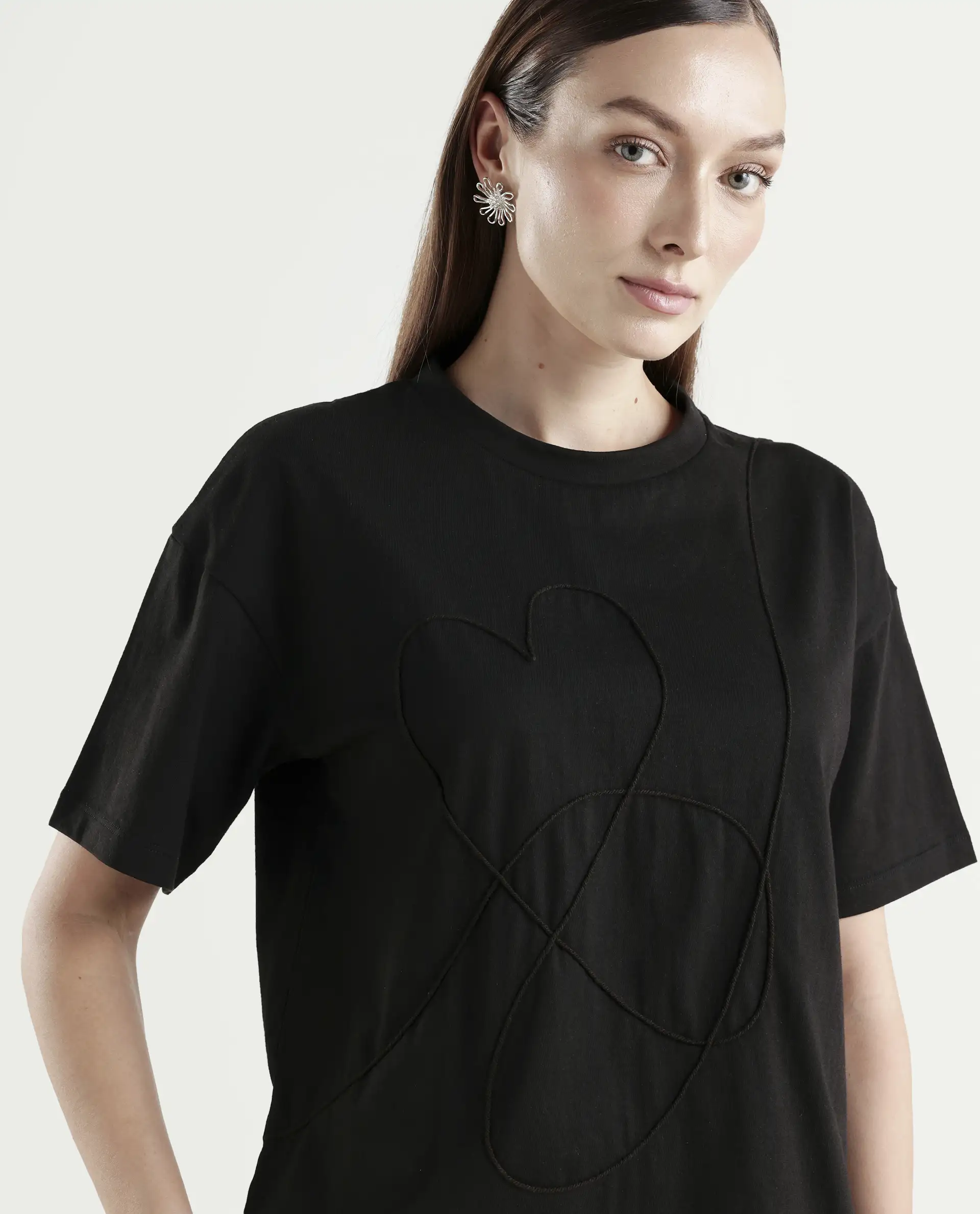 Rareism Women's Zovi Black Cotton Half Sleeve Boxy Object Print T-Shirt - Image 4