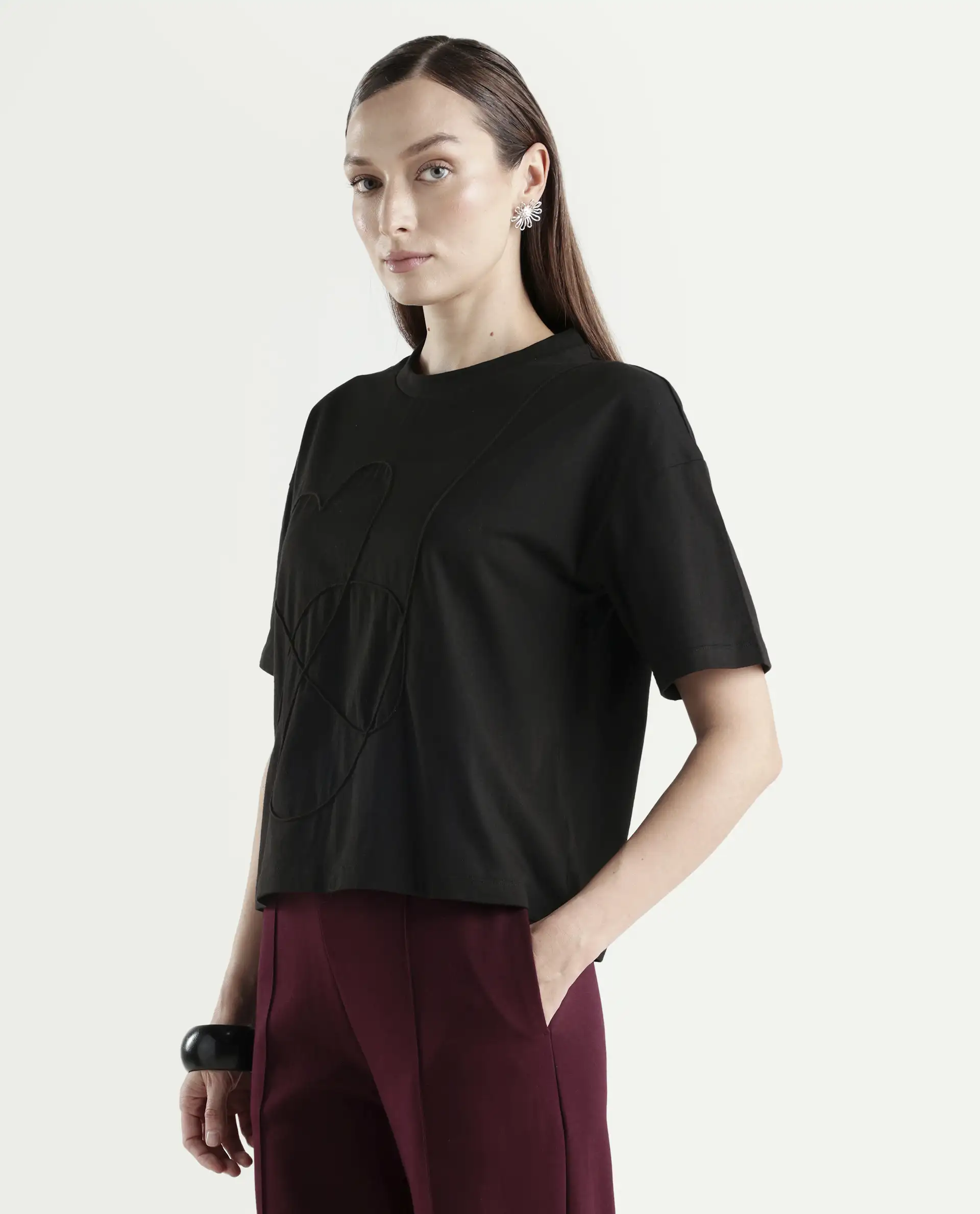 Rareism Women's Zovi Black Cotton Half Sleeve Boxy Object Print T-Shirt - Image 5