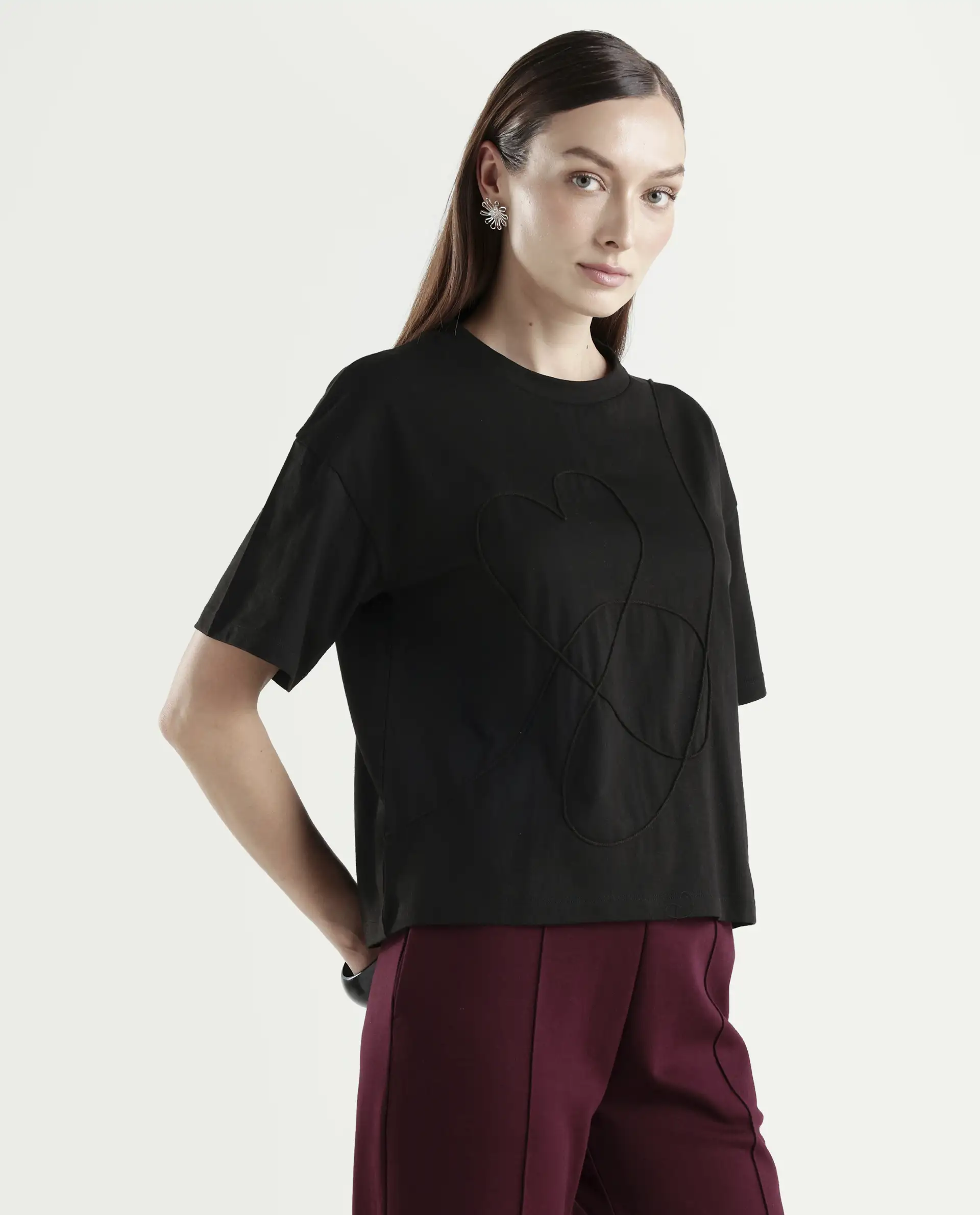 Rareism Women's Zovi Black Cotton Half Sleeve Boxy Object Print T-Shirt - Image 6