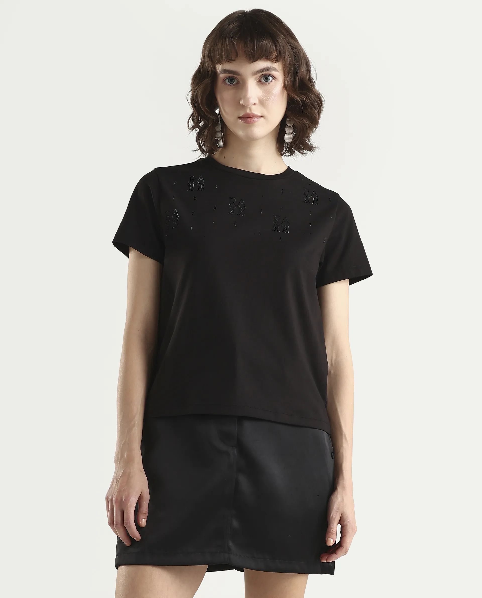 Rareism Women's Zoxi Black Cotton Blend Half Sleeve Regular Fit Typography Print T-Shirt - Image 3