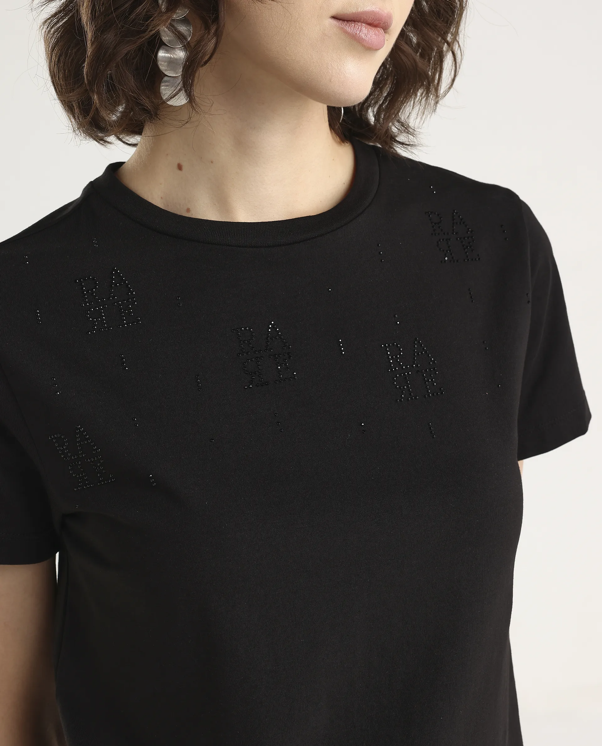 Rareism Women's Zoxi Black Cotton Blend Half Sleeve Regular Fit Typography Print T-Shirt - Image 4