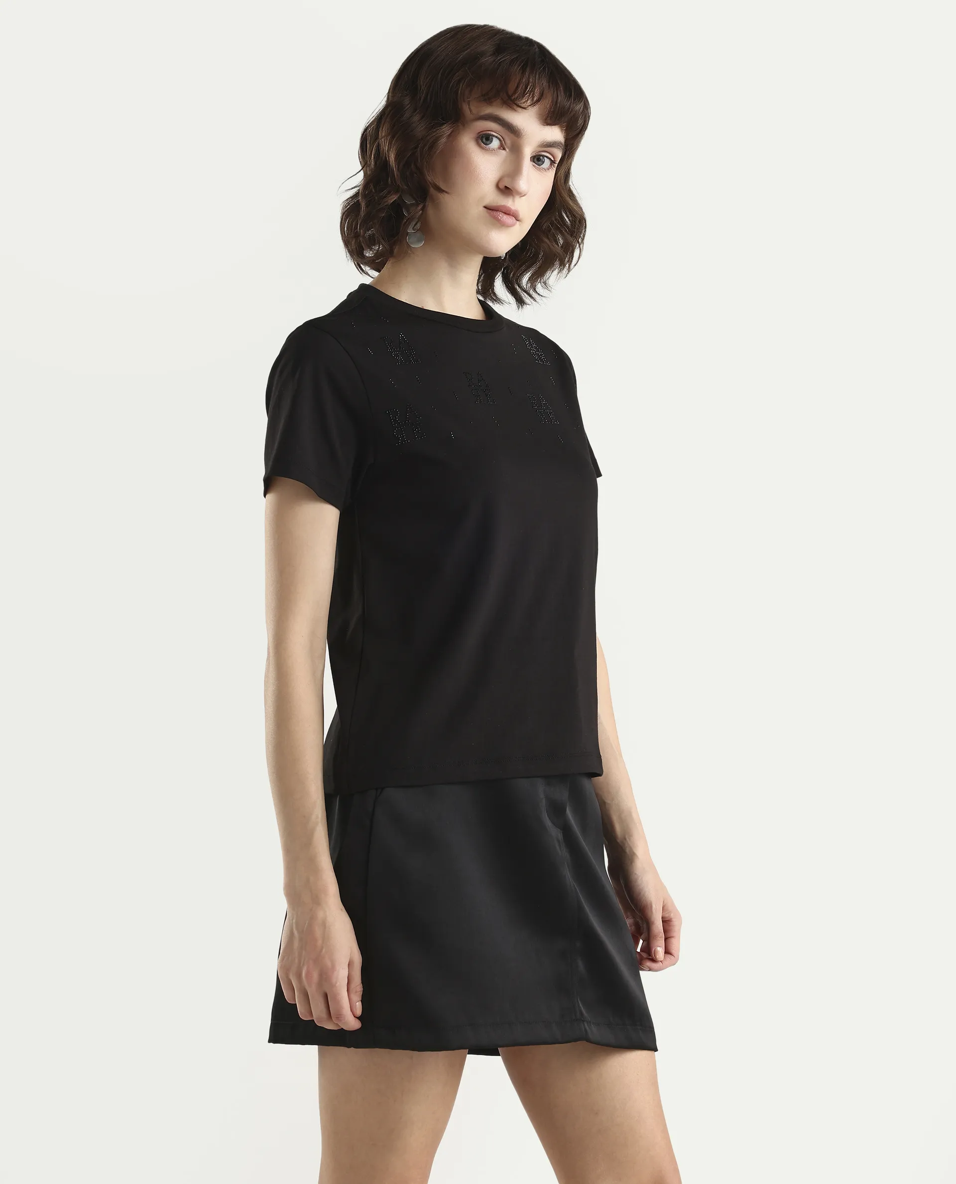 Rareism Women's Zoxi Black Cotton Blend Half Sleeve Regular Fit Typography Print T-Shirt - Image 6