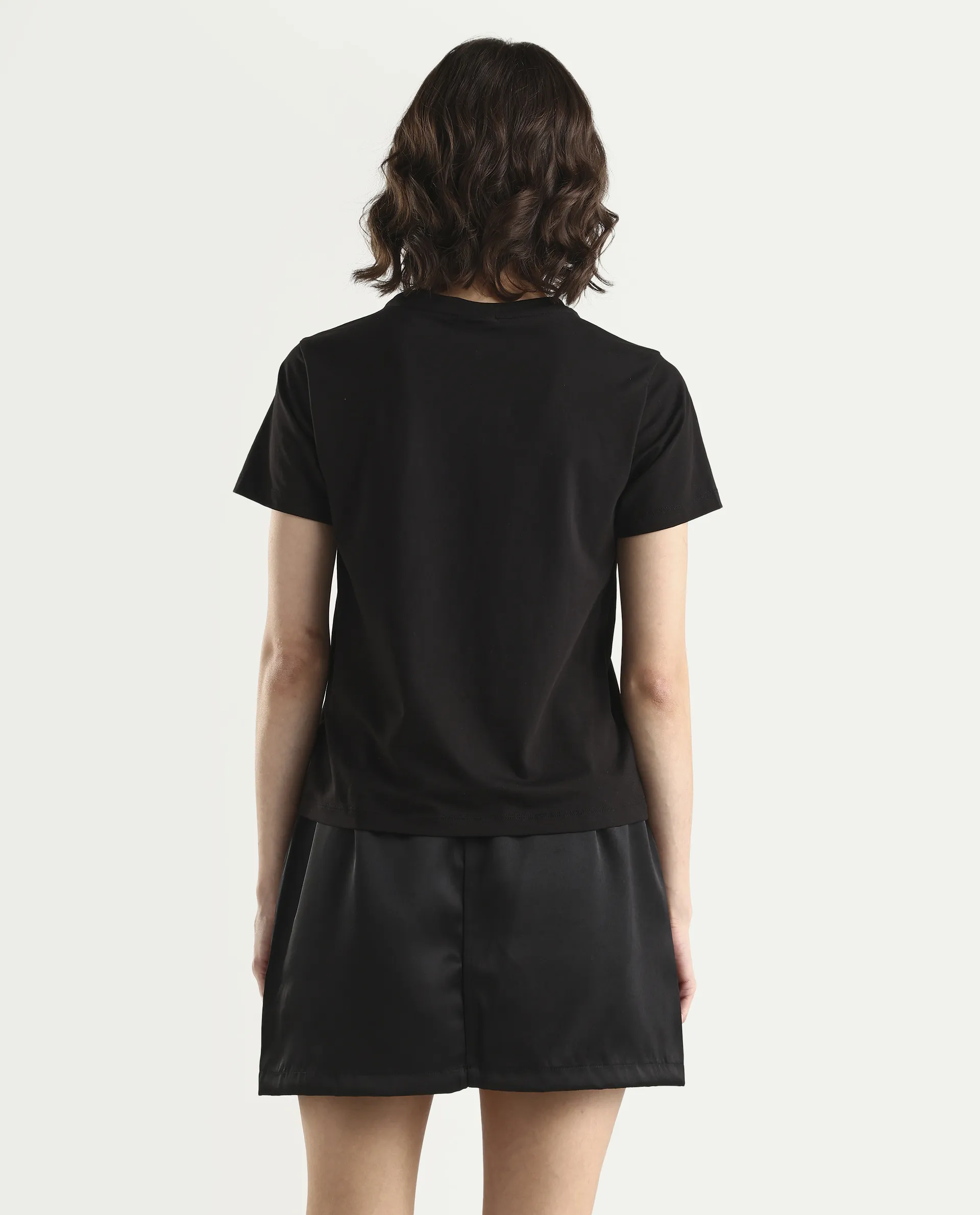 Rareism Women's Zoxi Black Cotton Blend Half Sleeve Regular Fit Typography Print T-Shirt - Image 7