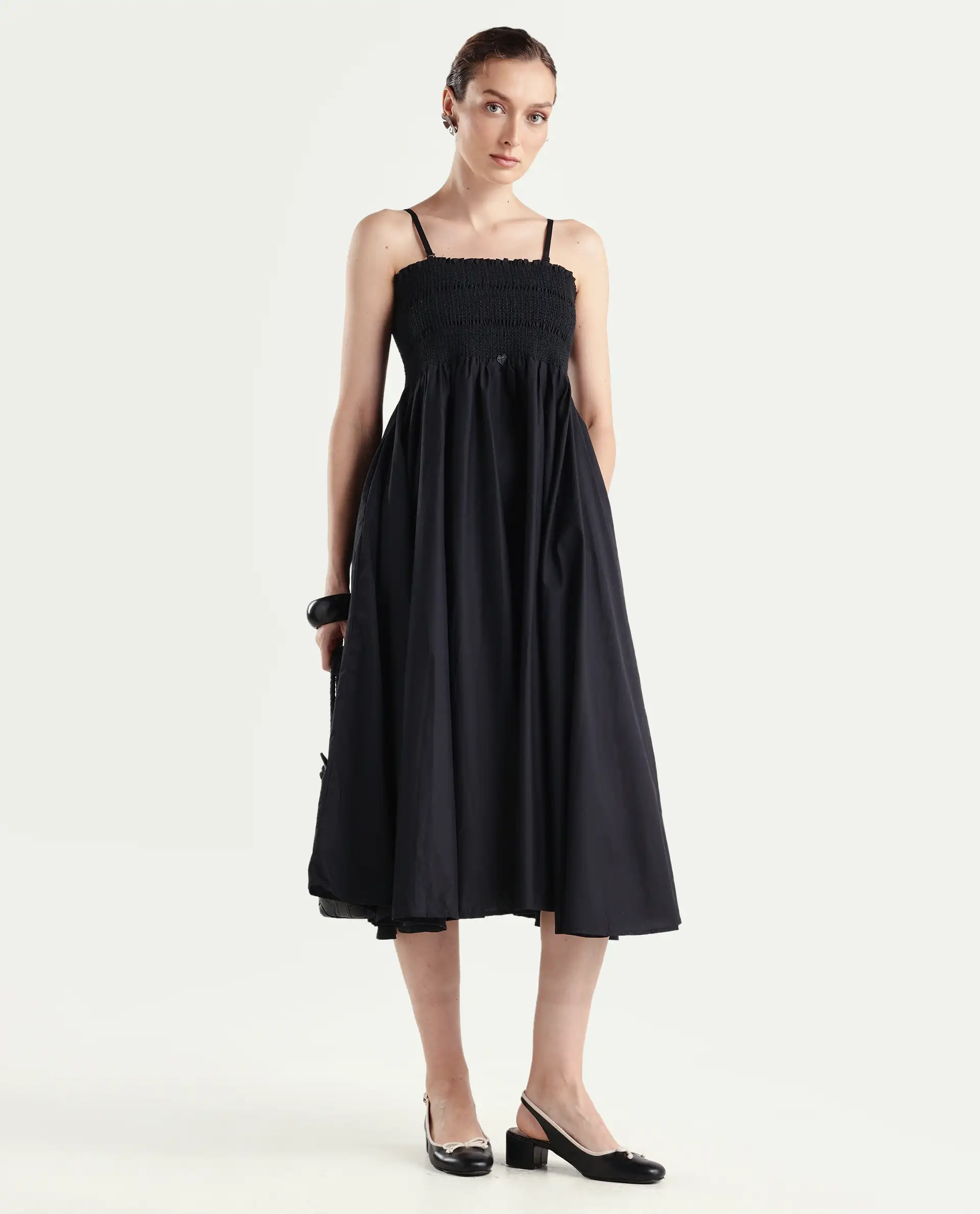 Rareism Women's Zozo Black Cotton Blend Tube Neck Plain Sleeveless Knee Length Regular Fit Dress