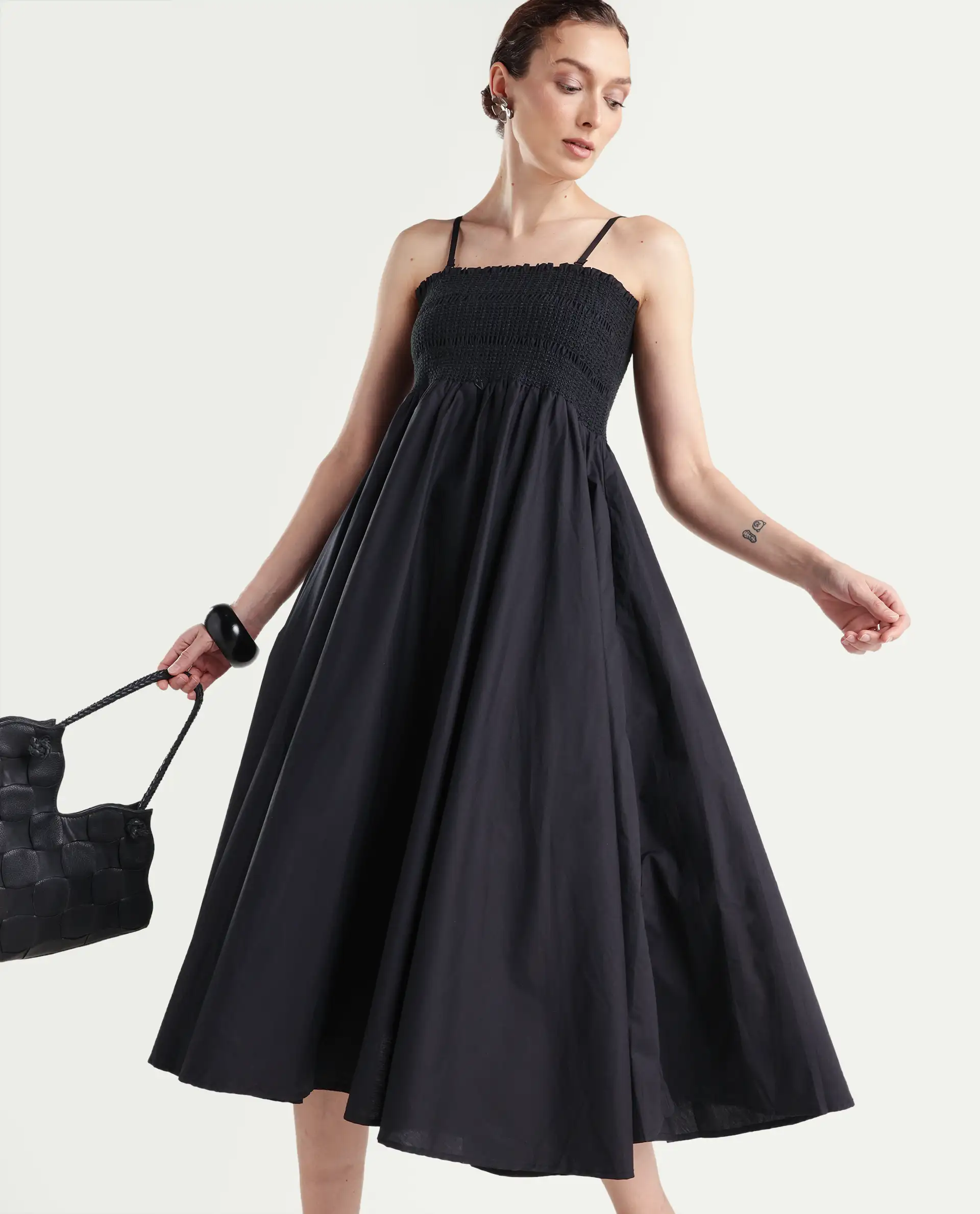 Rareism Women's Zozo Black Cotton Blend Tube Neck Plain Sleeveless Knee Length Regular Fit Dress - Image 2