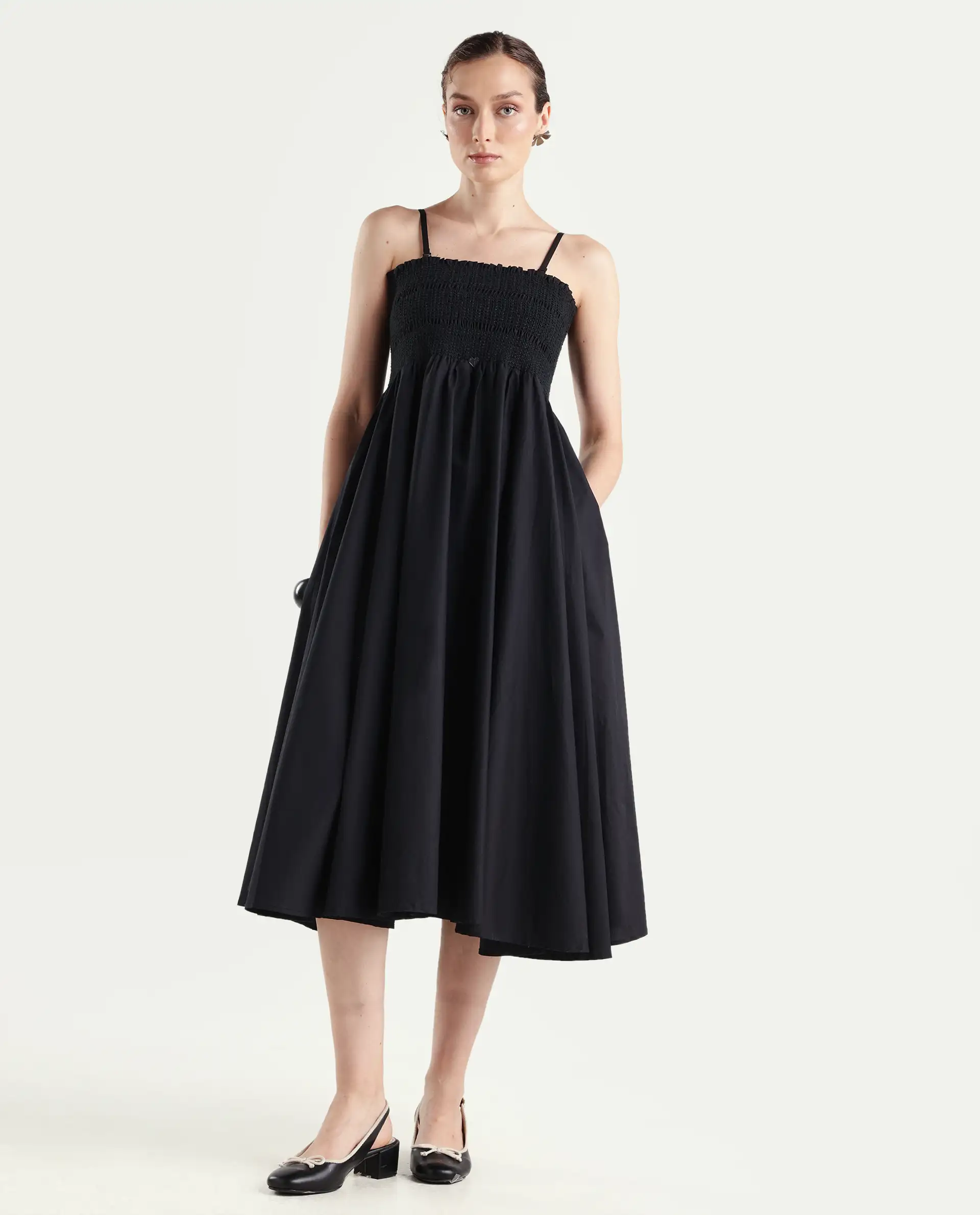 Rareism Women's Zozo Black Cotton Blend Tube Neck Plain Sleeveless Knee Length Regular Fit Dress - Image 3