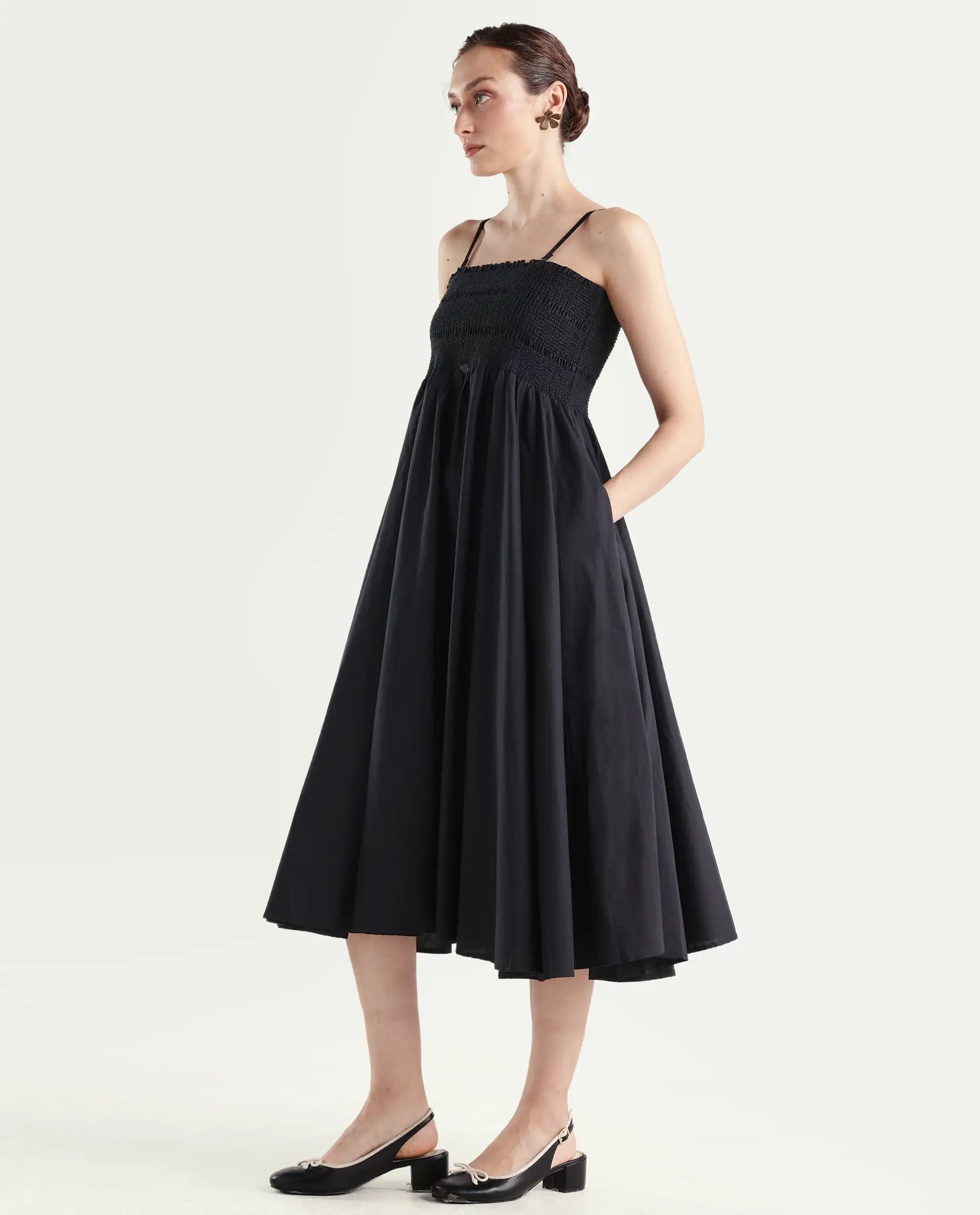 Rareism Women's Zozo Black Cotton Blend Tube Neck Plain Sleeveless Knee Length Regular Fit Dress - Image 7