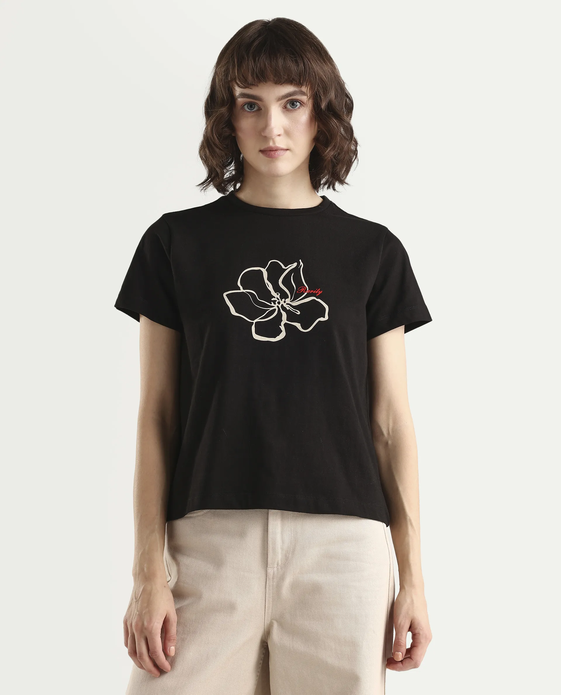 Rareism Women's Zrad Black Cotton Half Sleeve Regular Fit Floral Print T-Shirt - Image 3
