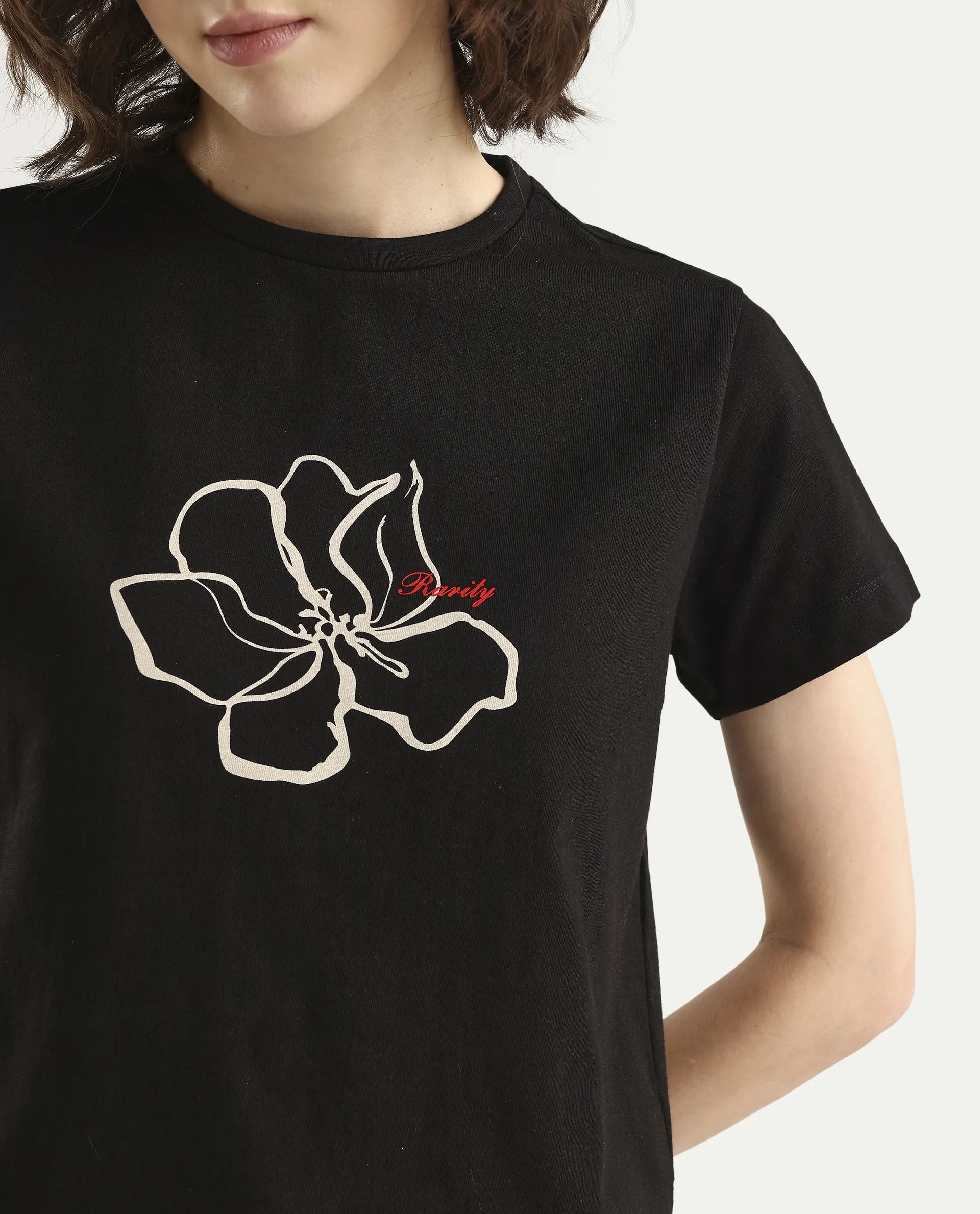 Rareism Women's Zrad Black Cotton Half Sleeve Regular Fit Floral Print T-Shirt - Image 4